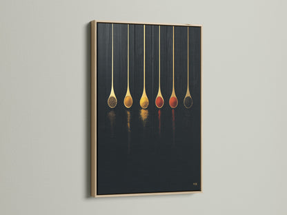 Spice Spoons canvas print with an oak frame. This kitchen art enhances any culinary decor. It's ideal for a dining room or cafe. The spoon print adds a touch of modern elegance. A great food art print for any foodie or chef. This minimal artwork elevates your space.