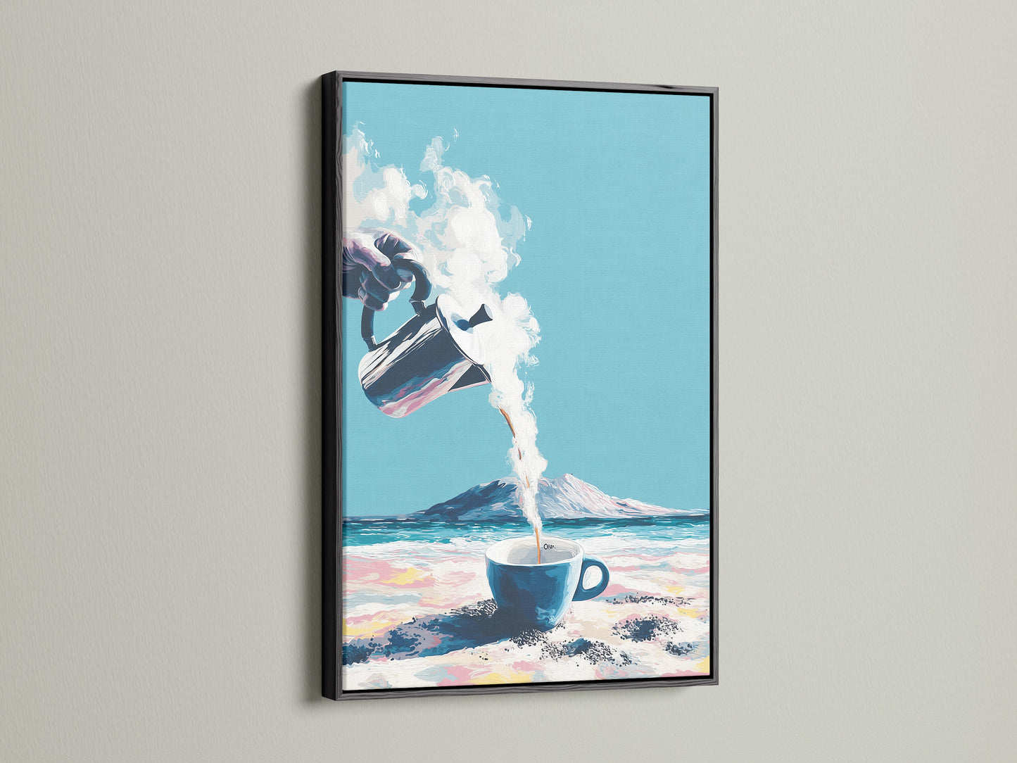 Coastal Coffee artwork with a black frame. Add modern art to your living room. This coffee print is a must-have for coffee lovers. The turquoise decor brings a fresh touch. A unique piece of caffeine art.