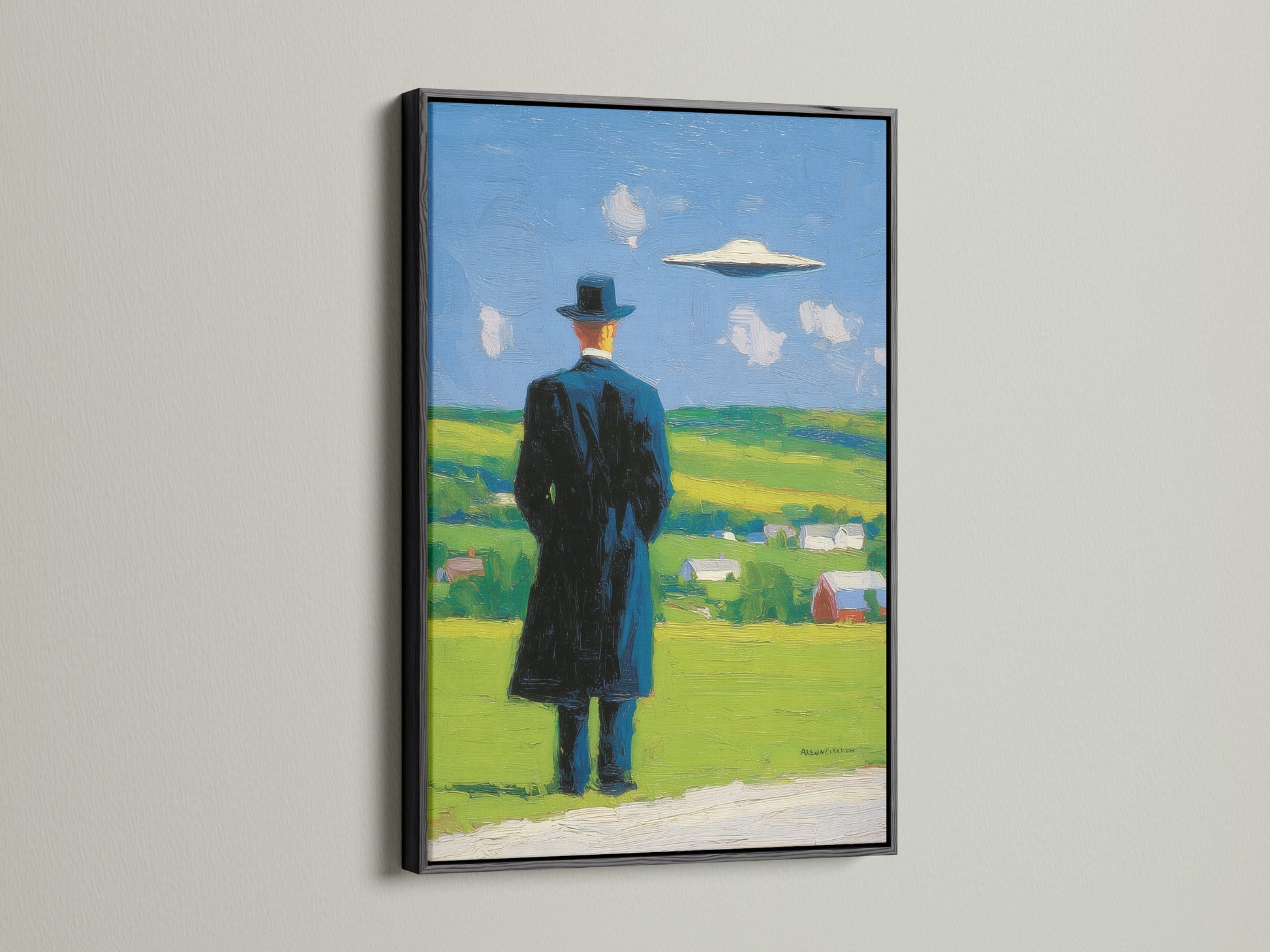 Figure painting in a black frame. This surreal landscape blends country and farmhouse styles.  Bring contemporary print into your home with this mysterious artwork. Perfect for art collectors seeking unique pieces.