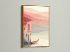 A gold frame showcases this coastal house canvas artwork with a red boat. The minimalist seascape print adds elegance to any room. Perfect for coastal home decor and beach house decor. This red boat art creates a serene and inviting atmosphere. Ideal for living rooms bedrooms and offices. Discover quiet harbor art.