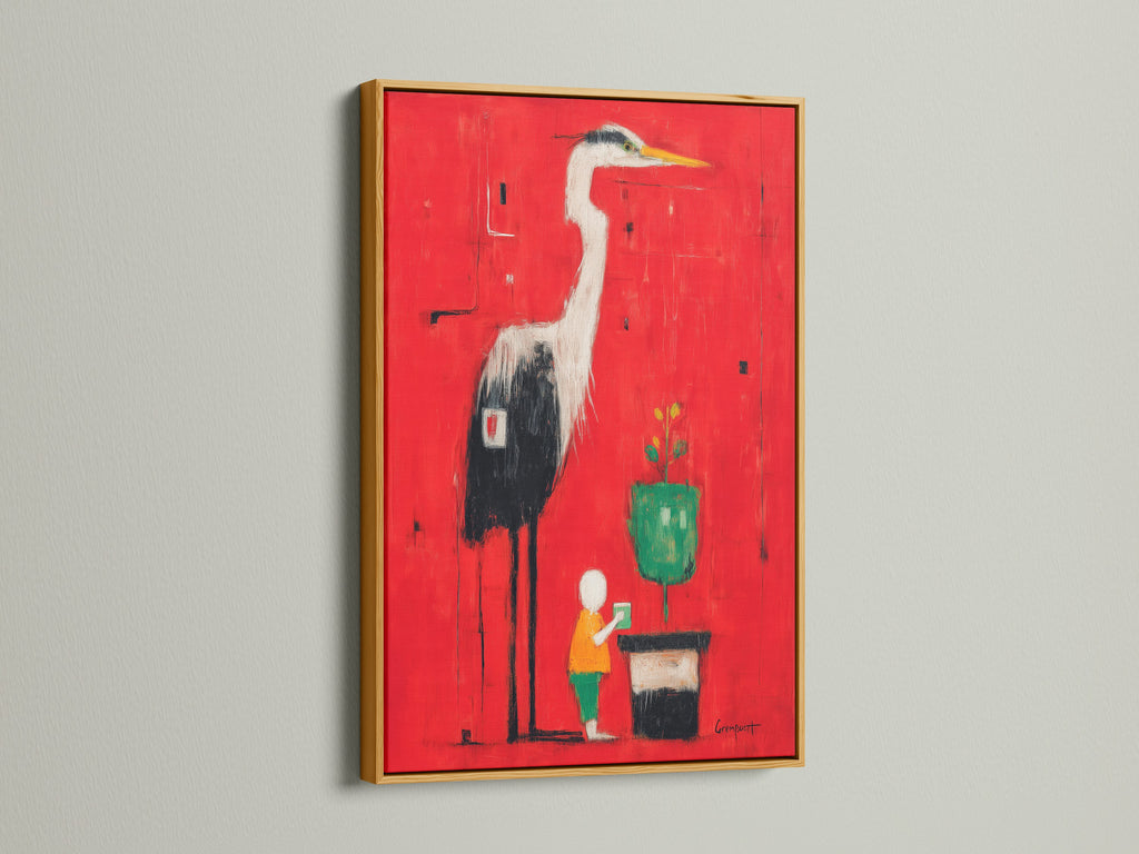 Heron Art Canvas Print in a gold frame. The red abstract wall art features a modern bird artwork. This artwork adds a luxurious touch. The gold frame enhances the artwork's vibrant colors.