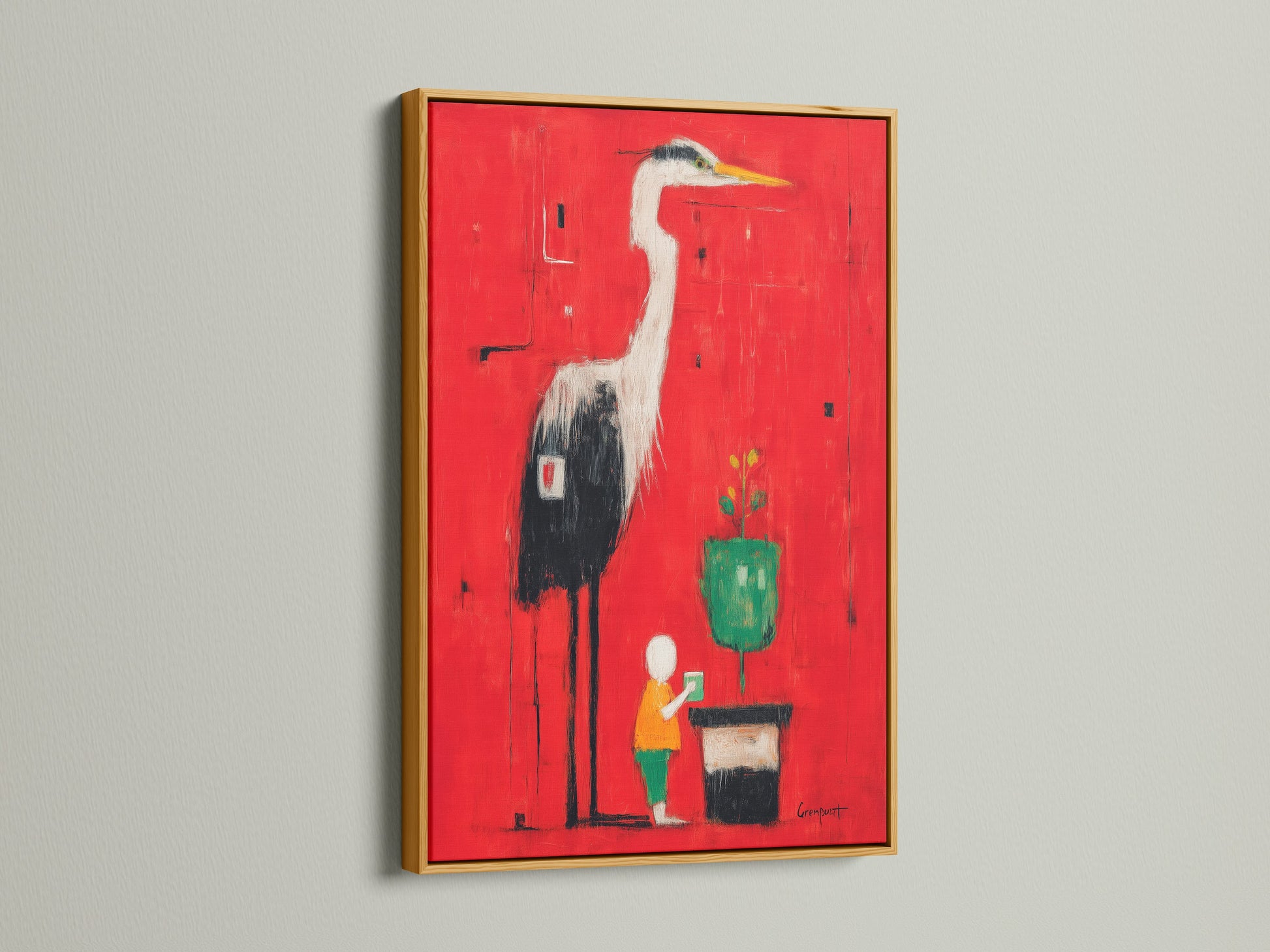 Heron Art Canvas Print in a gold frame. The red abstract wall art features a modern bird artwork. This artwork adds a luxurious touch. The gold frame enhances the artwork's vibrant colors.