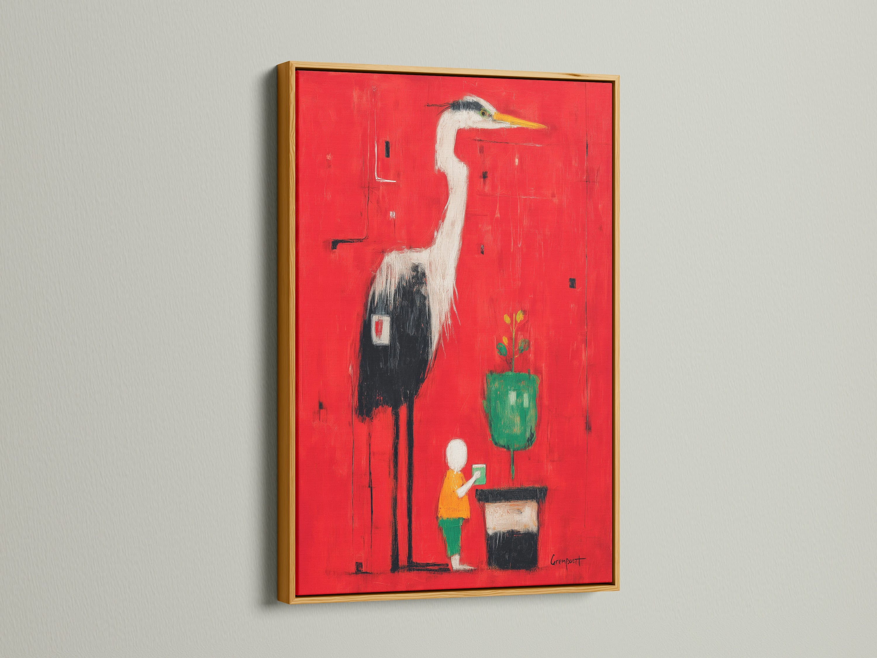 Heron Art Canvas Print in a gold frame. The red abstract wall art features a modern bird artwork. This artwork adds a luxurious touch. The gold frame enhances the artwork's vibrant colors.