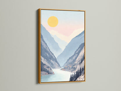 Elevate your space with this stunning mountain lake canvas. It's showcased in a luxurious gold frame. The serene valley wall art adds a touch of elegance. This pastel landscape artwork is perfect for creating a tranquil atmosphere. It's ideal for modern decor.