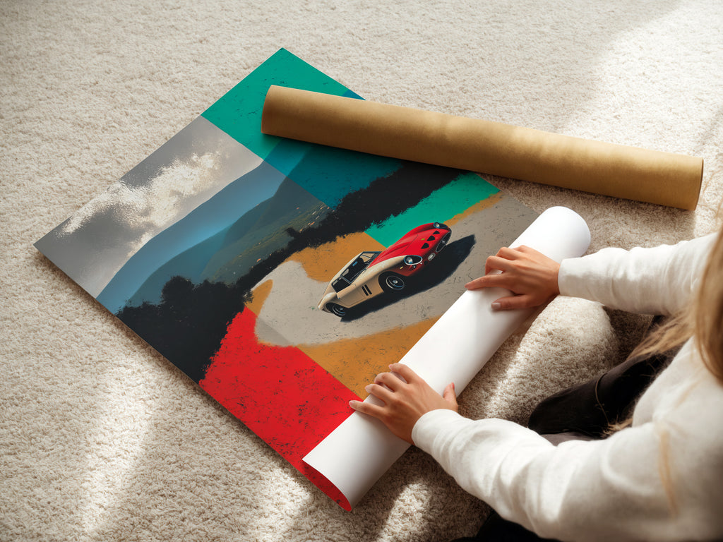 A woman carefully rolling a fine art poster paper. The poster features a vintage sports car artwork. This high-quality print is perfect for framing. Ideal for car enthusiasts and collectors.  Bring vintage racing charm to your walls.