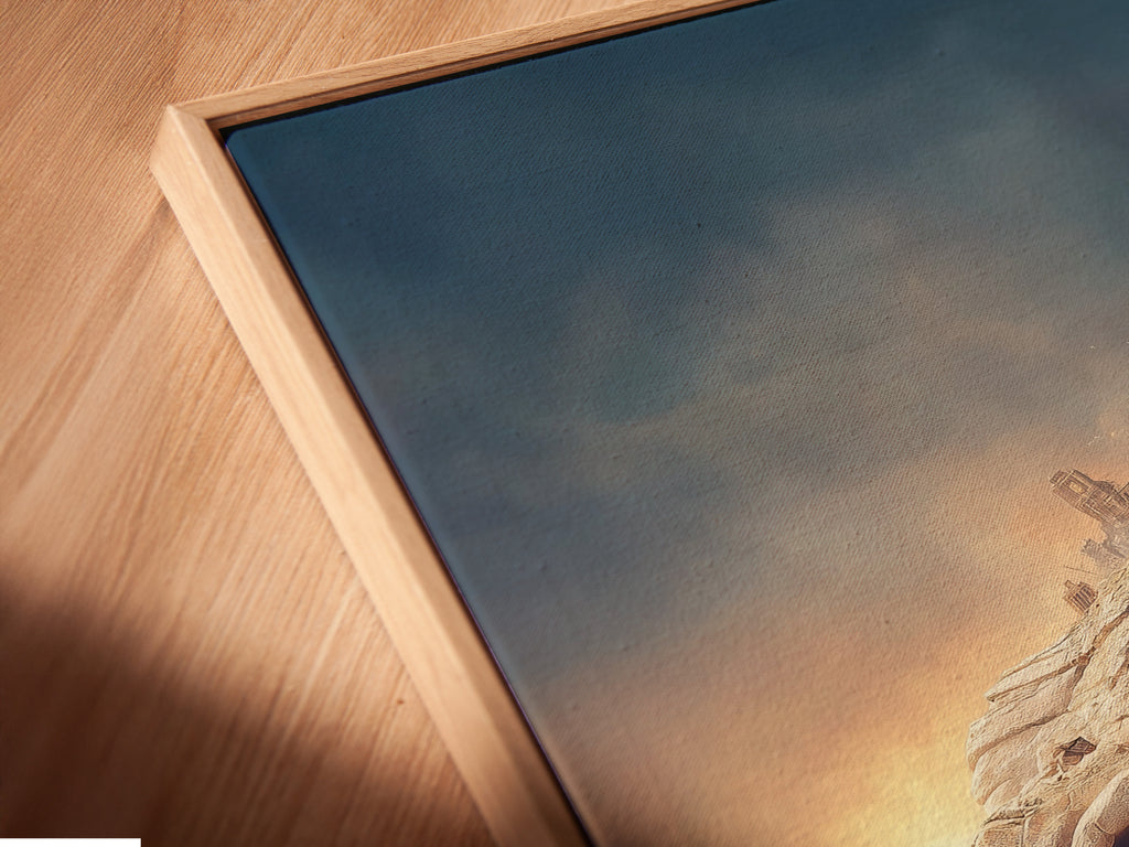 Angled close up of a canvas print in a floating frame. See the intricate details of the surreal fantasy art print. The floating frame gives the artwork a modern sleek look. It appears to float on the wall. This piece is ideal for those seeking contemporary wall art.