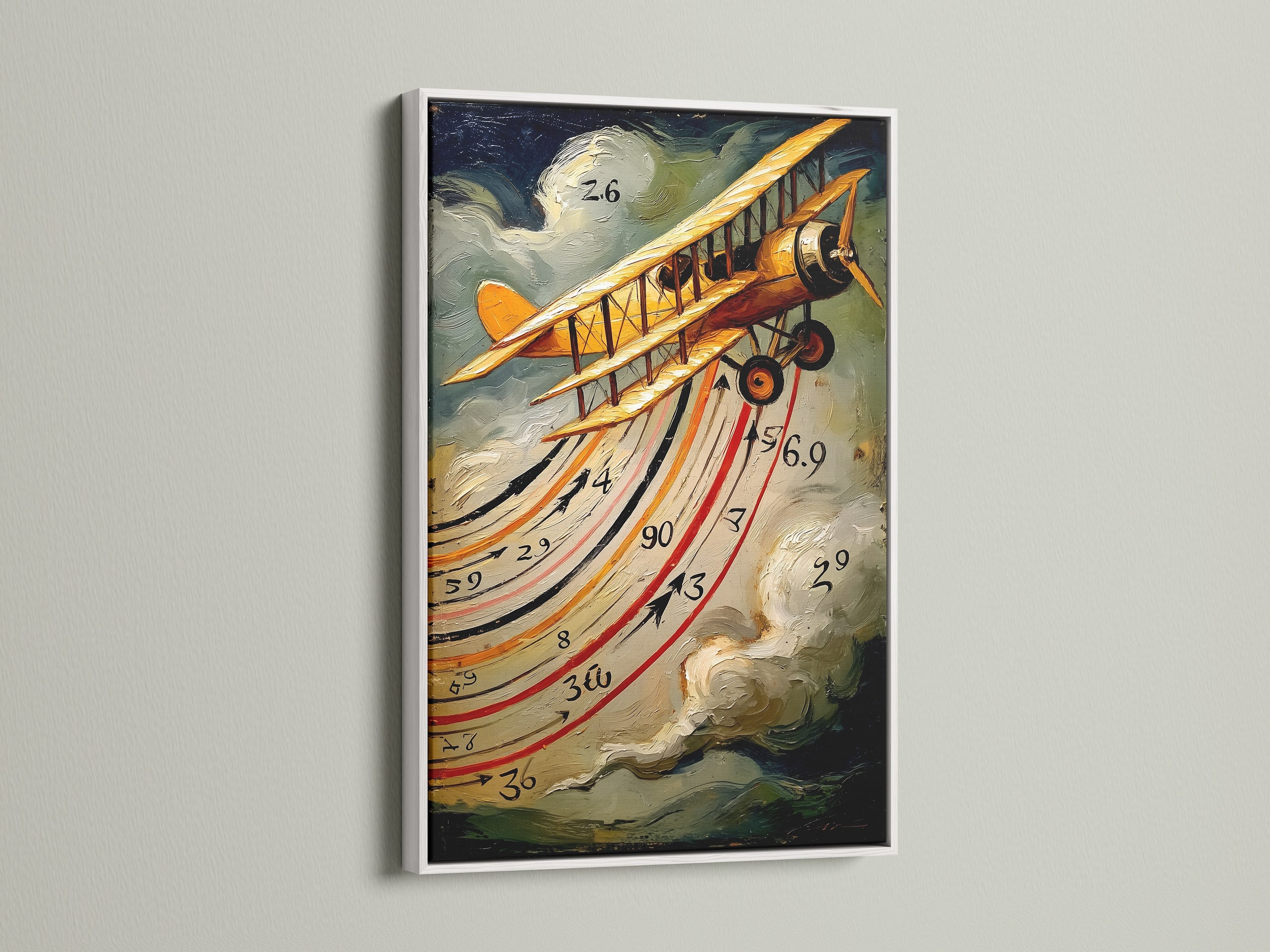 Vintage Airplane artwork showcased in a white frame. The contrast of the white frame makes the yellow biplane pop. It's perfect for brightening up your office or living space. A stylish way to display aviation history. This print adds character to any room.