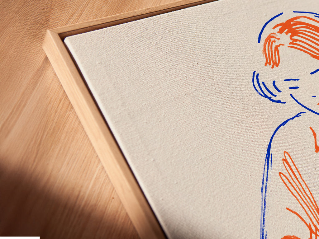 Angled close up of a DJ Turntable canvas print in a floating frame. The artwork features a retro DJ canvas print. This music lover gift adds a vintage touch to any room. Perfect for college students and music professionals looking for unique wall decor.