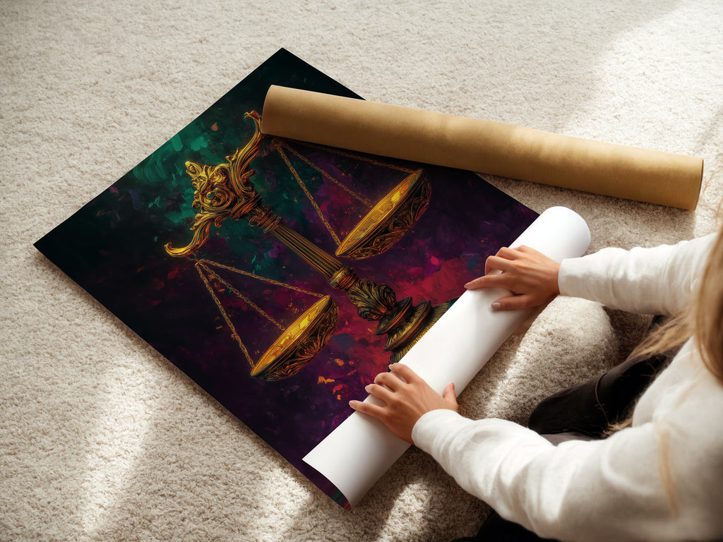 A woman is carefully rolling a fine art poster paper print of the scales of justice. This legal theme artwork is perfect for framing or displaying as is. A great gift for lawyers and law students. Ideal for adding a touch of sophistication to any space.