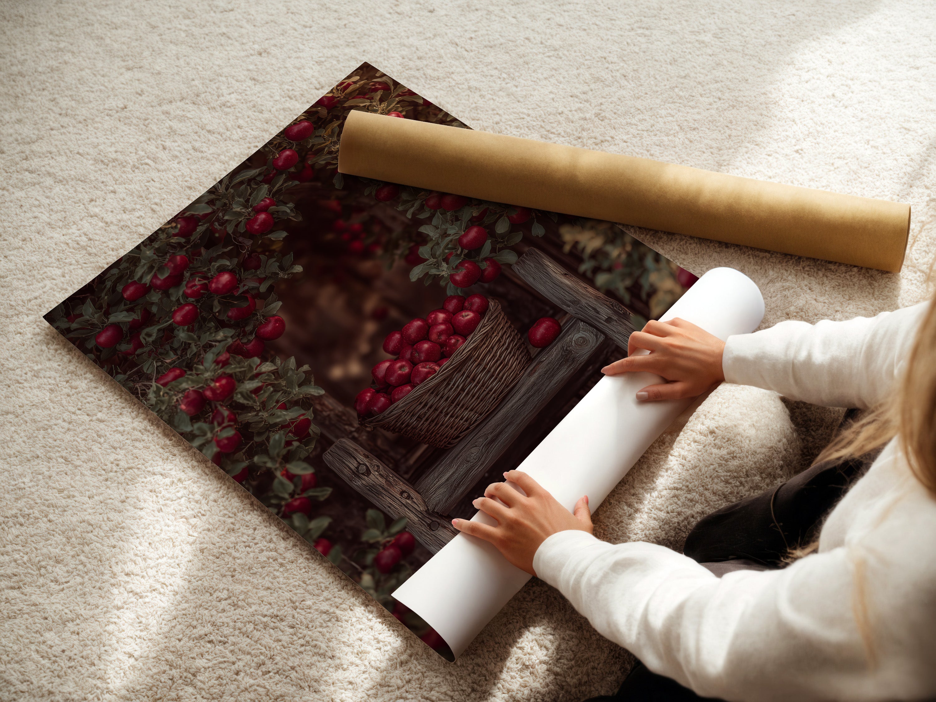 A woman is carefully rolling a fine art poster paper print of the Apple Orchard artwork. This high-quality print captures the essence of rustic farmhouse wall art. Perfect for fruit art prints.
