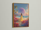 An artwork of a woman in a yellow dress on a beach with a planet in the sky is displayed in a gold frame. The gold frame option adds elegance. This artwork makes a luxurious addition to your home. Choose gold for a lavish touch.
