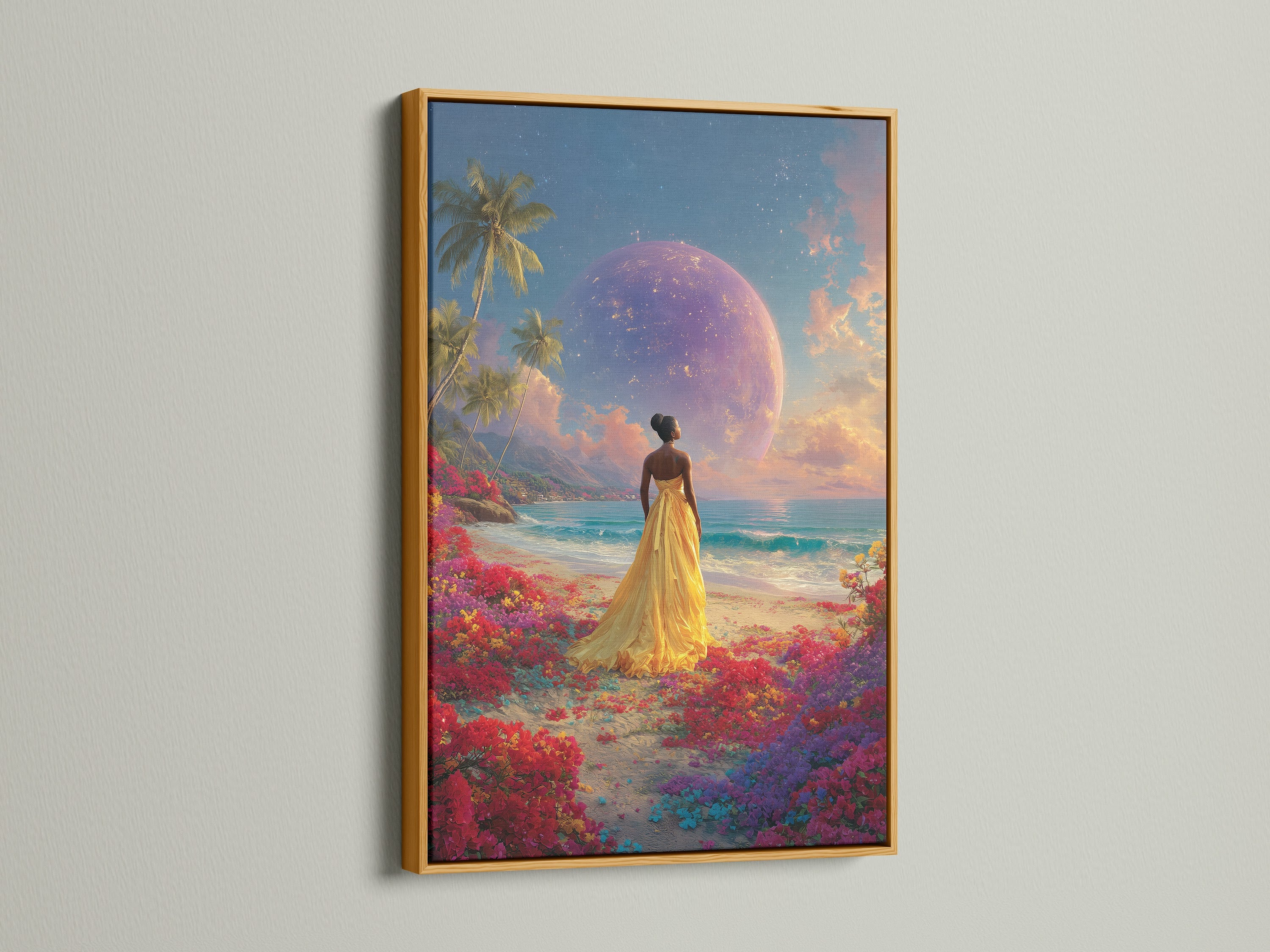 An artwork of a woman in a yellow dress on a beach with a planet in the sky is displayed in a gold frame. The gold frame option adds elegance. This artwork makes a luxurious addition to your home. Choose gold for a lavish touch.