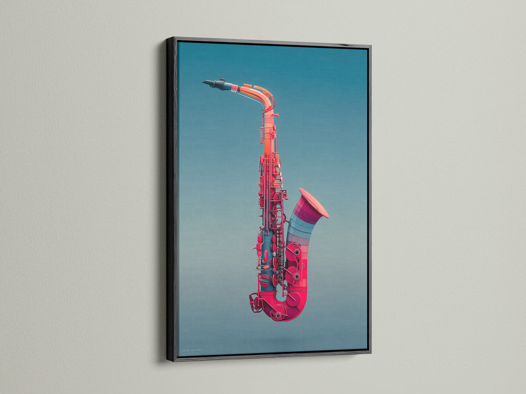 View a black frame. It enhances the pink saxophone art. This Jazz wall art makes a bold statement. Ideal for music studio decor. It’s a modern instrument print. Perfect for music enthusiasts. Elevate your living room wall art with this canvas.
