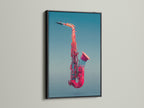 View a black frame. It enhances the pink saxophone art. This Jazz wall art makes a bold statement. Ideal for music studio decor. It’s a modern instrument print. Perfect for music enthusiasts. Elevate your living room wall art with this canvas.