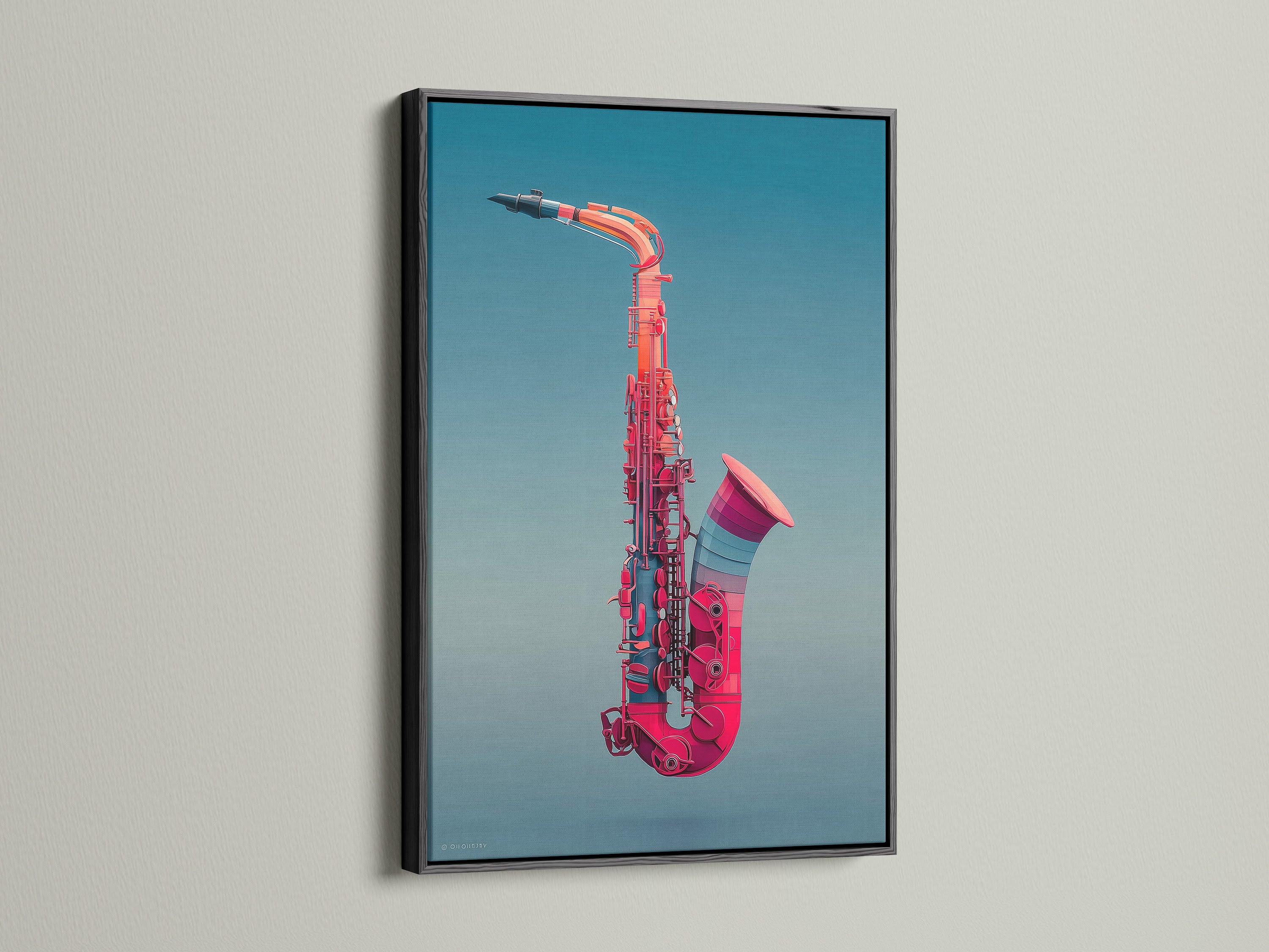 View a black frame. It enhances the pink saxophone art. This Jazz wall art makes a bold statement. Ideal for music studio decor. It’s a modern instrument print. Perfect for music enthusiasts. Elevate your living room wall art with this canvas.