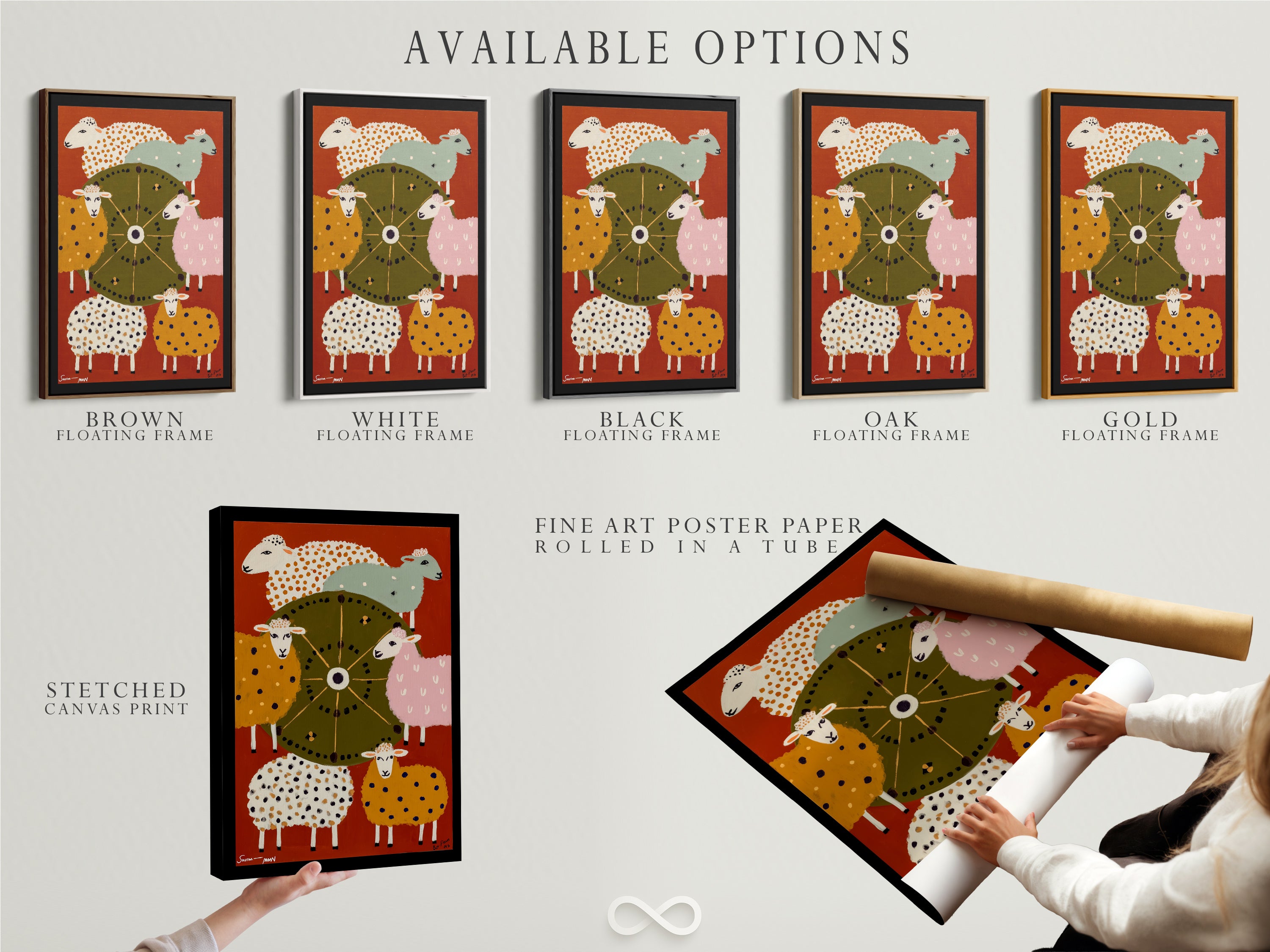 Explore available options for this colorful sheep folk art print. Choose from a stretched canvas print a fine art poster paper or a floating frame. Customize the artwork to perfectly match your style. Ideal for nursery decor kids room or adding a whimsical touch to your kitchen wall.