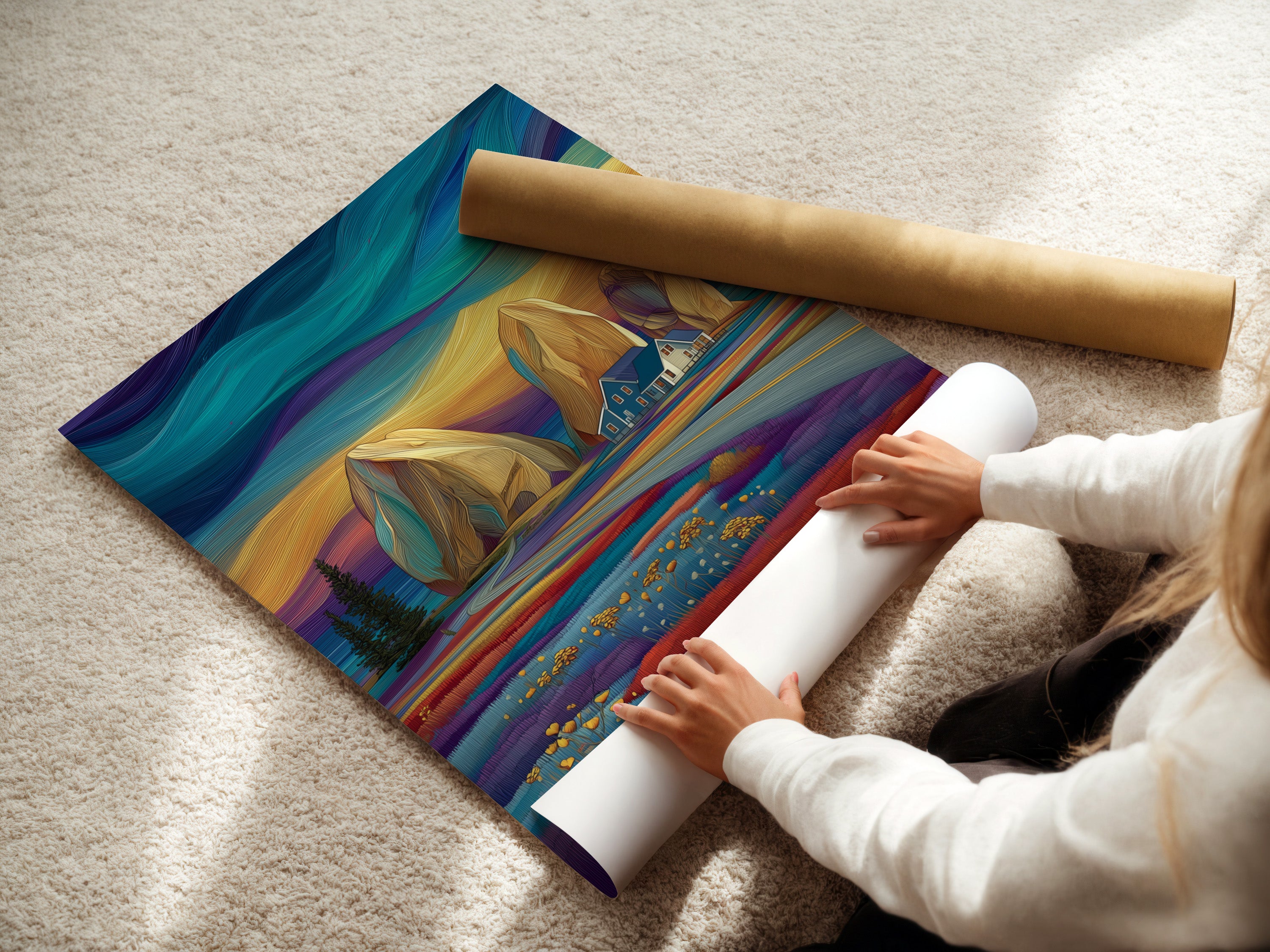 A woman is carefully rolling a fine art poster paper. Preparing a stylized seascape print for framing. The teal and purple artwork is perfect for coastal home decor. Ensuring quality for your landscape artwork.