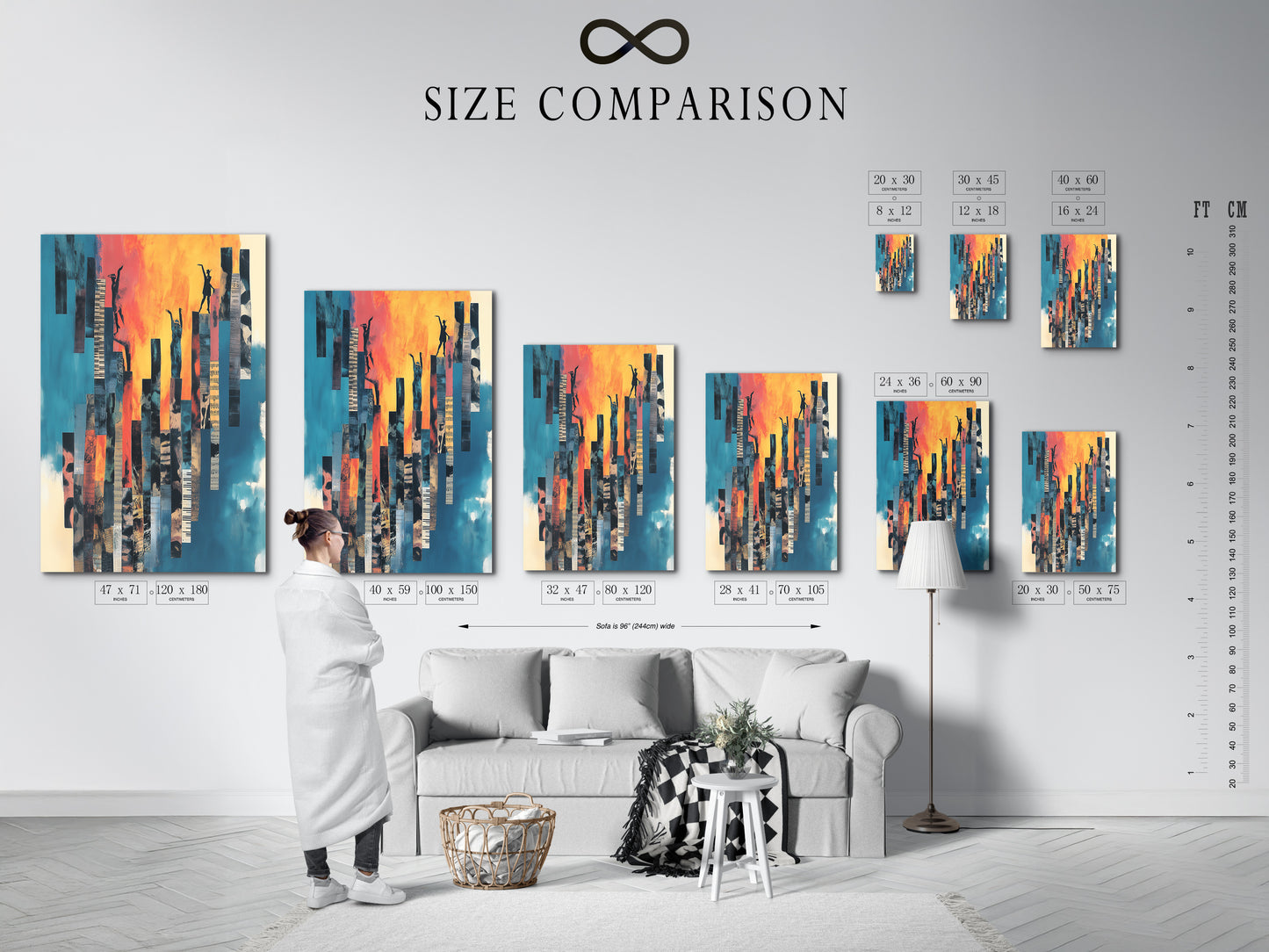 Size comparison chart in an interior setting. See how abstract figures canvas prints fit in your space. Visualize the perfect size for your teal blue and orange artwork. Modern musical art looks great in any size. Plan your studio decor with this helpful chart. Find the ideal size for your inspiring artwork today. Make the right choice for your space.