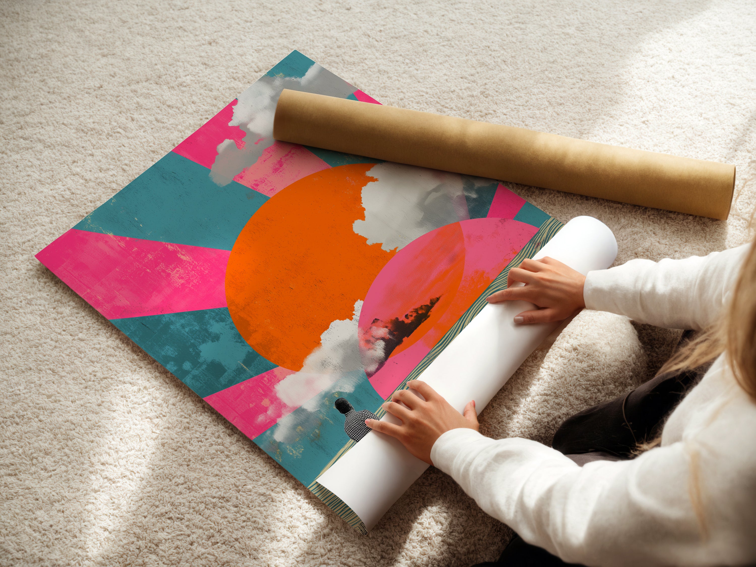 A woman is carefully rolling a fine art poster paper. This ensures the preservation of a surreal landscape artwork with a retro sun a cow and a man. High-quality materials protect the artwork's integrity for lasting enjoyment.
