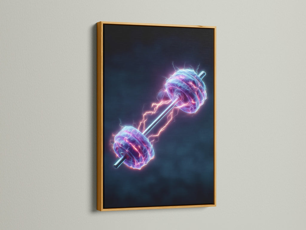 Neon Dumbbell artwork in a gold frame. This electric gym wall art is perfect for home gym decor. Get motivated with this fitness canvas print. The gold frame adds a luxurious touch to the contemporary artwork. It enhances your workout space with style.