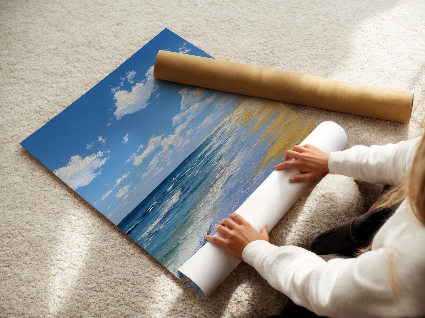 A woman is carefully rolling a fine art poster paper. She is preparing it for shipping or framing. The poster paper is high-quality. This ensures the artwork is preserved beautifully and elegantly.