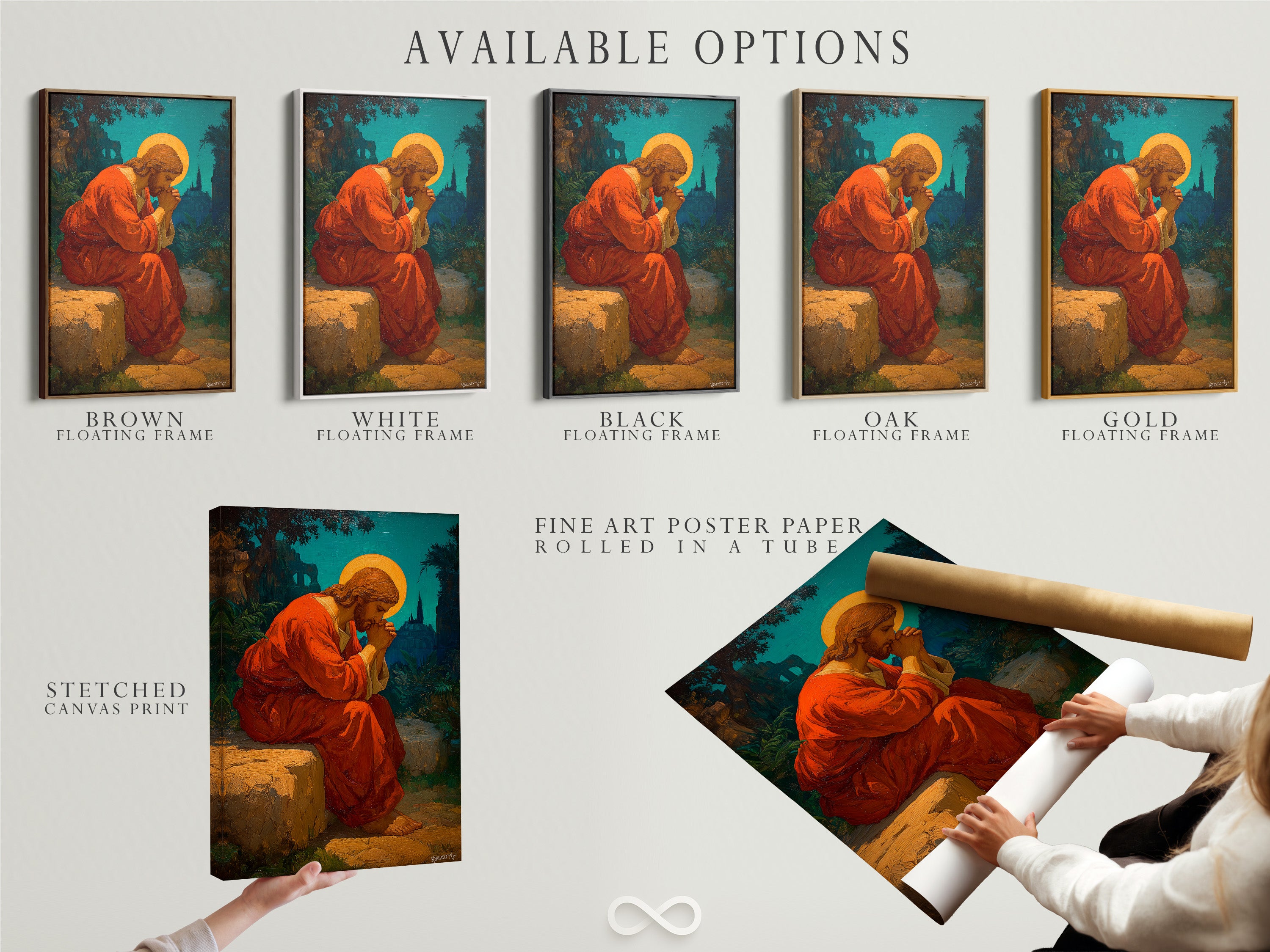 This image displays available art options. Choices include a stretched canvas print. There is fine art poster paper. A floating frame option is available. Each option offers a unique look. Choose the best fit for your artwork. The options cater to different styles. Discover your perfect art display solution.