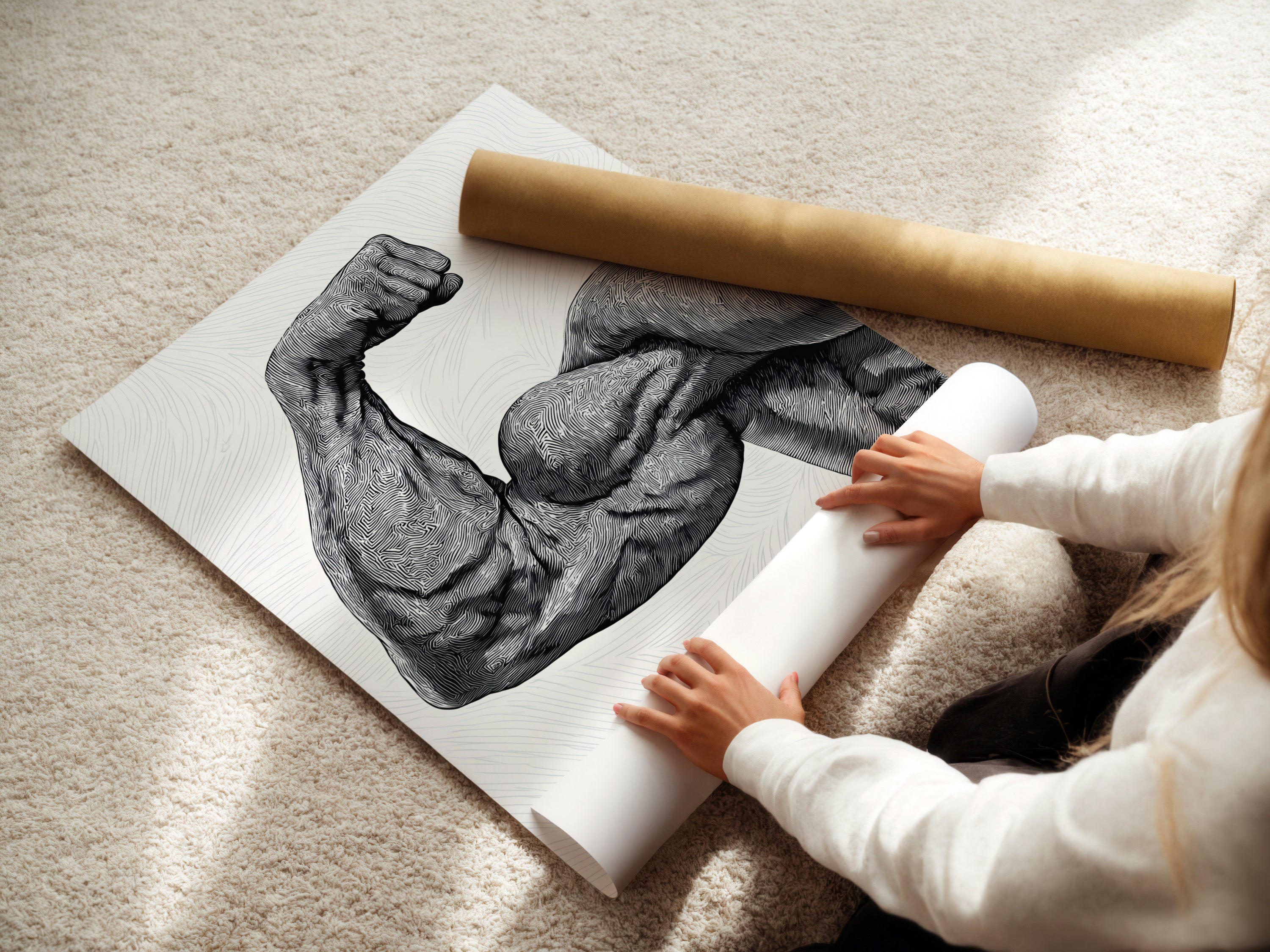 A woman carefully rolls a fine art poster paper. The poster paper is of high quality and ideal for detailed prints. She prepares the artwork for framing or display. Explore our fine art poster options. Discover high-quality prints for your home or office. Find the perfect artwork to express your style.