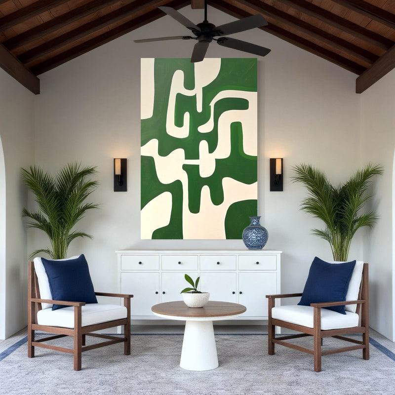 Beige & emerald green abstract geometric canvas — crisp counterpoint to stripes and checks