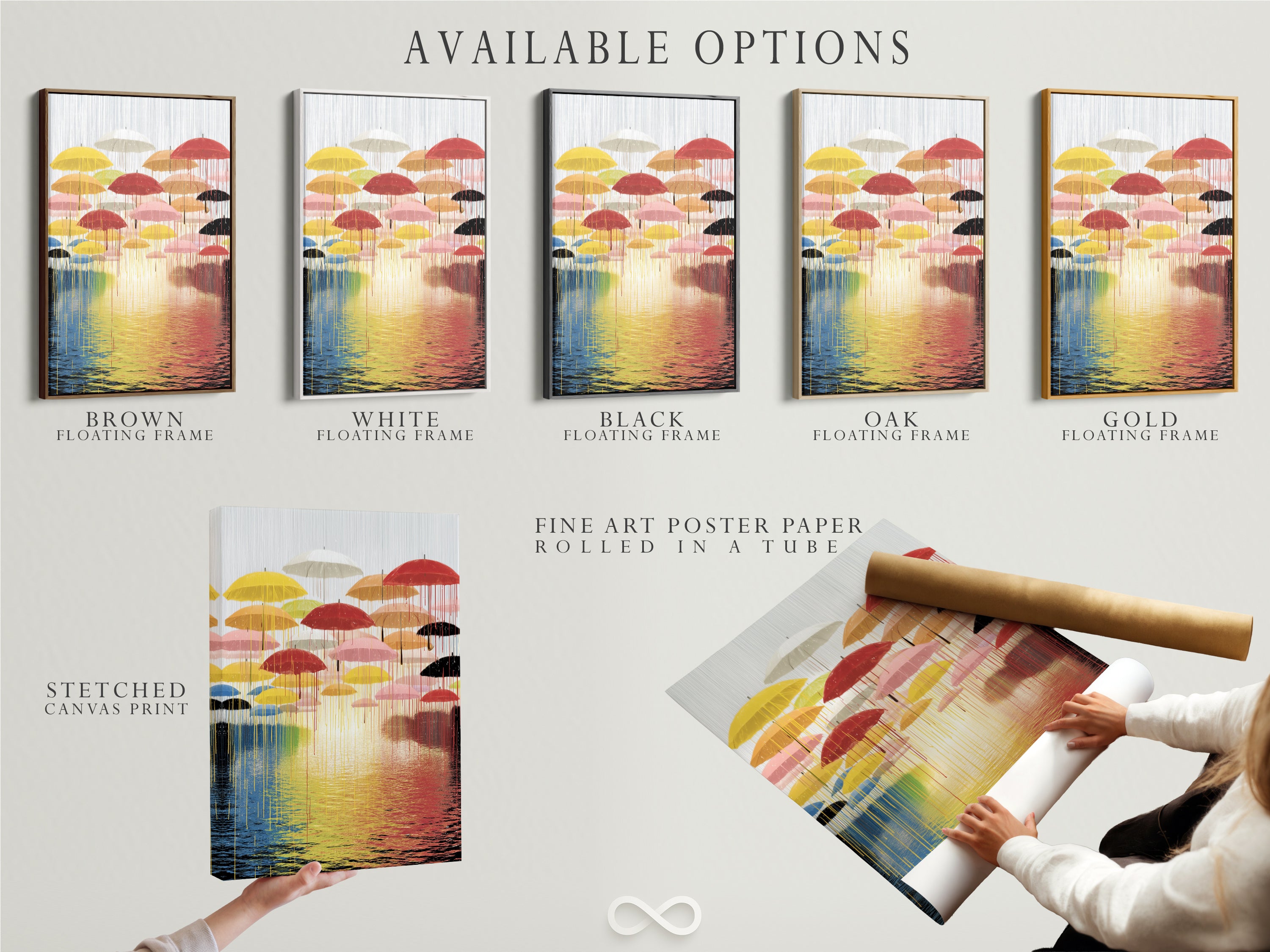 Explore the available options for the 'Umbrella' artwork. Options include a stretched canvas print fine art poster paper and a floating frame. This modern abstract piece offers versatile display choices. It is perfect for matching your style. Enhance your home decor with this colorful reflection wall art.
