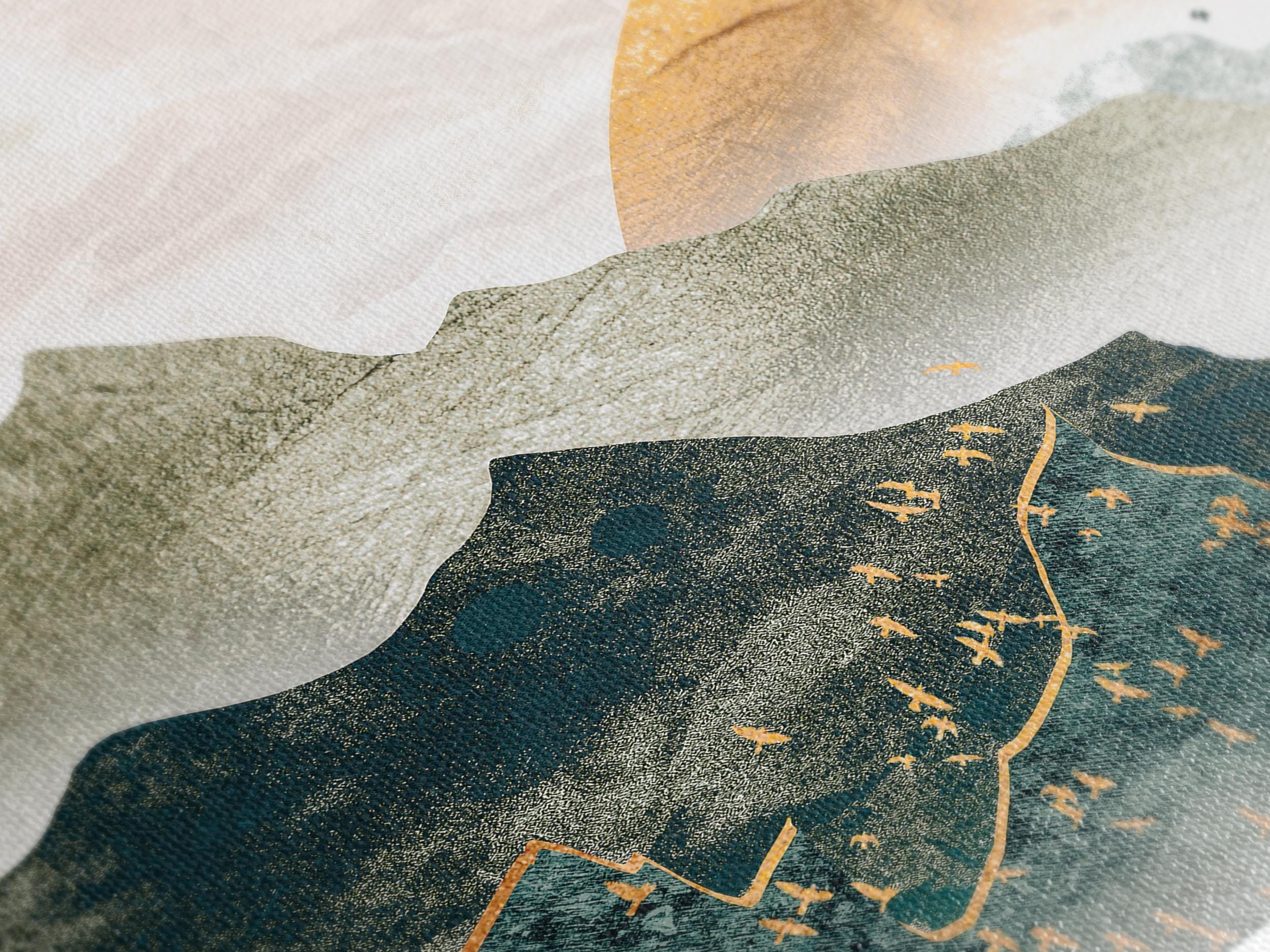 Atmospheric mountain canvas print showcasing subtle gradients and luxurious metallic elements, offering a serene yet stylish artwork addition to any modern setting.