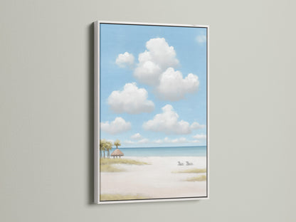 Here is a beach scene artwork in a white frame. Sky cloud art enhances your wall decor. Add serene artwork to your living space. This coastal painting is a great choice.