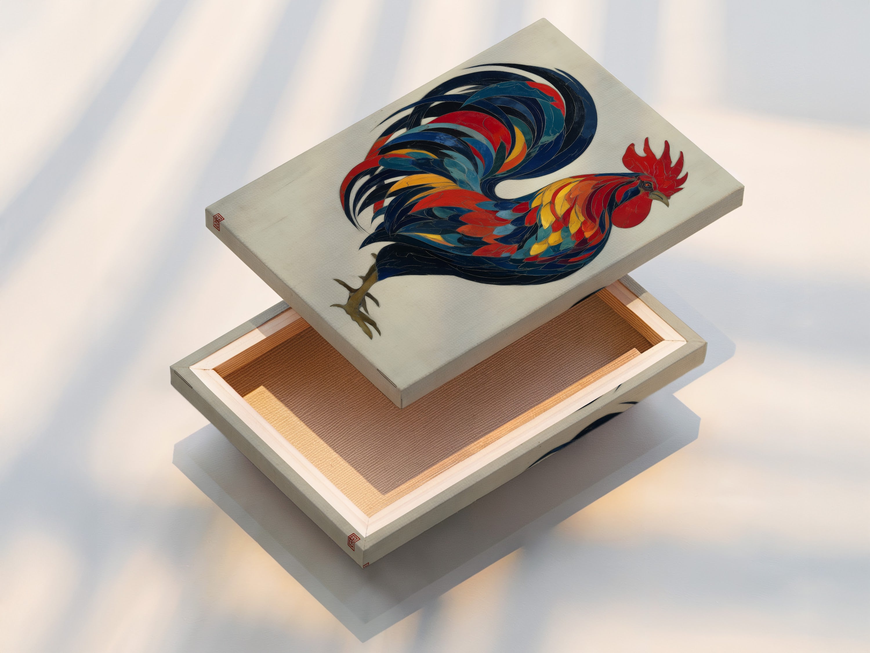 Here is a stretched canvas print of the colorful rooster artwork. The stretched canvas provides a gallery-wrapped look. This allows the artwork to stand out without needing a frame. Perfect for adding a touch of farmhouse charm to your living space or kitchen decor.