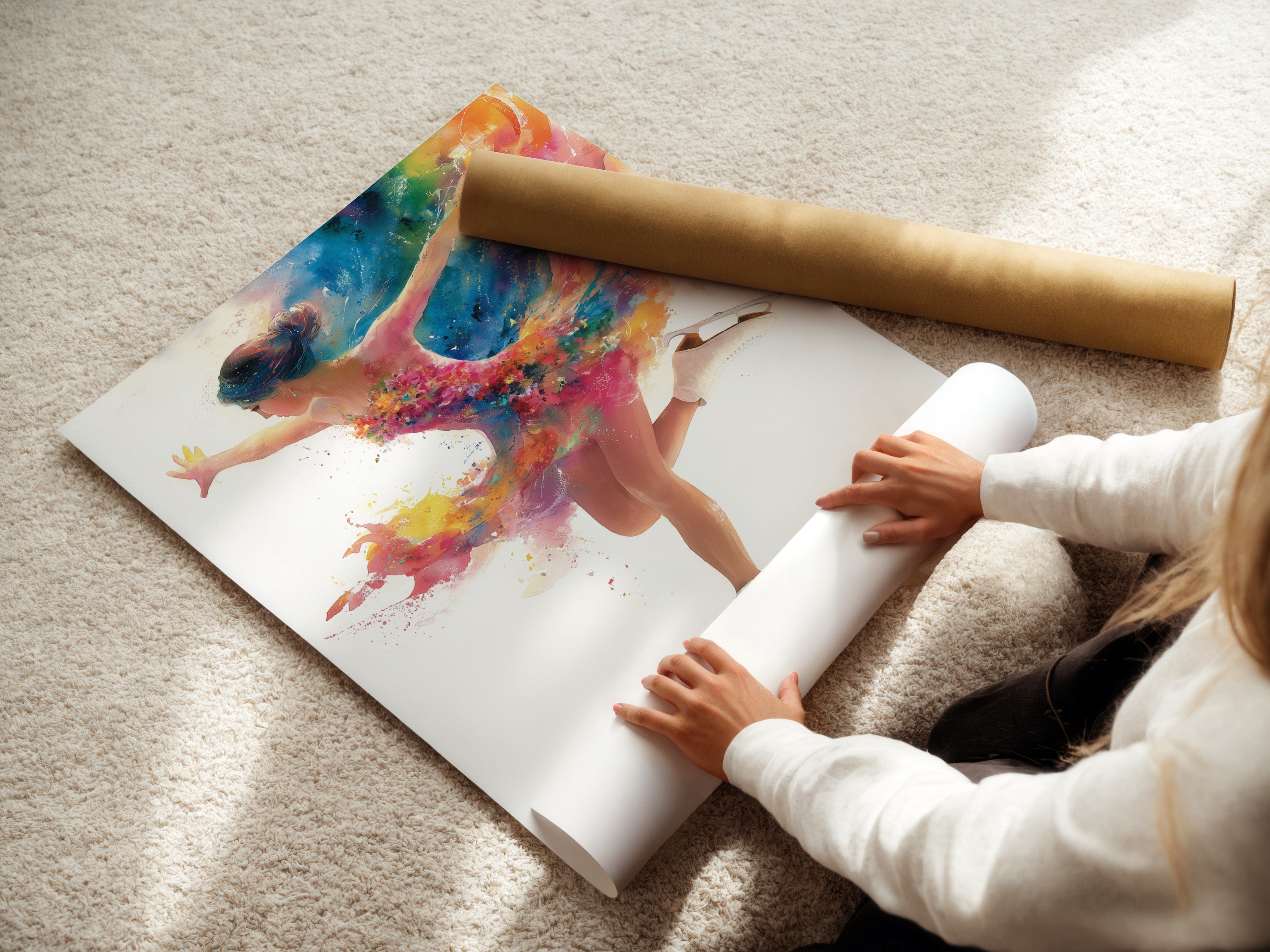 A woman carefully rolls a fine art poster paper featuring dancing girl art. This allows for safe shipping and handling. This watercolor art print captures artistic movement beautifully. It is perfect for dance studios and sports-themed rooms.