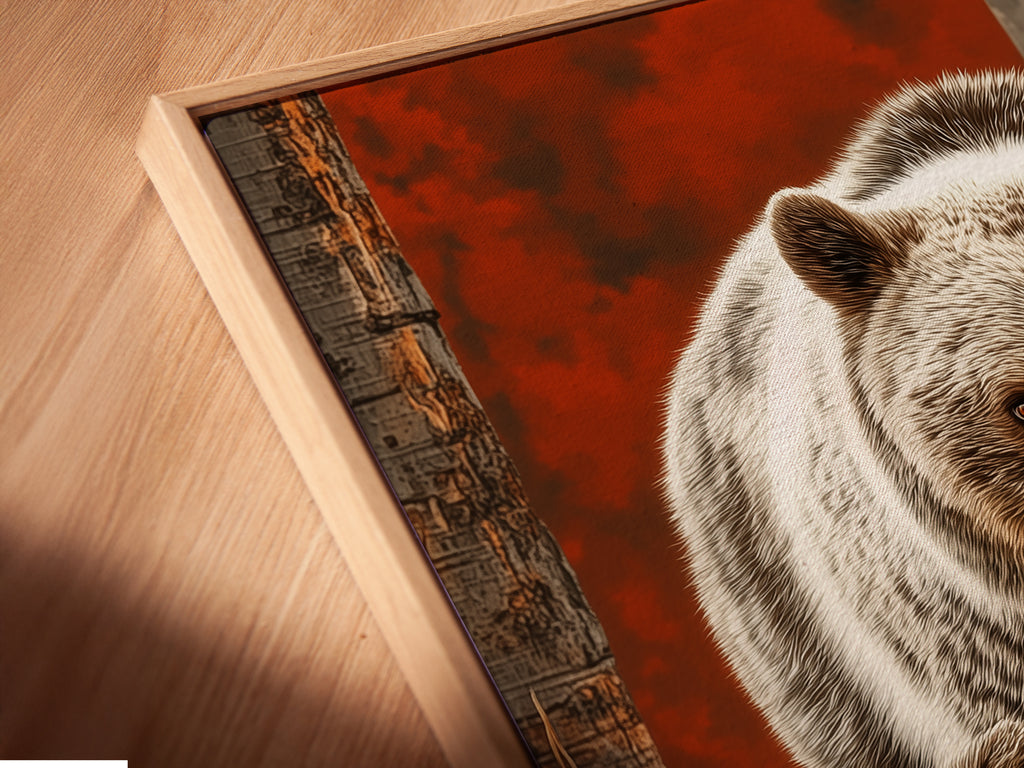 A close-up of a canvas print featuring a Grizzly Bear family in a floating frame. This showcases the texture and detail of the art. Perfect for wildlife art collectors and cabin owners. The floating frame adds depth.