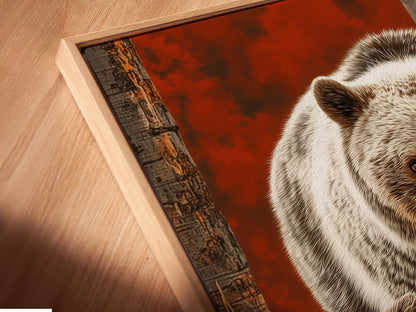 A close-up of a canvas print featuring a Grizzly Bear family in a floating frame. This showcases the texture and detail of the art. Perfect for wildlife art collectors and cabin owners. The floating frame adds depth.