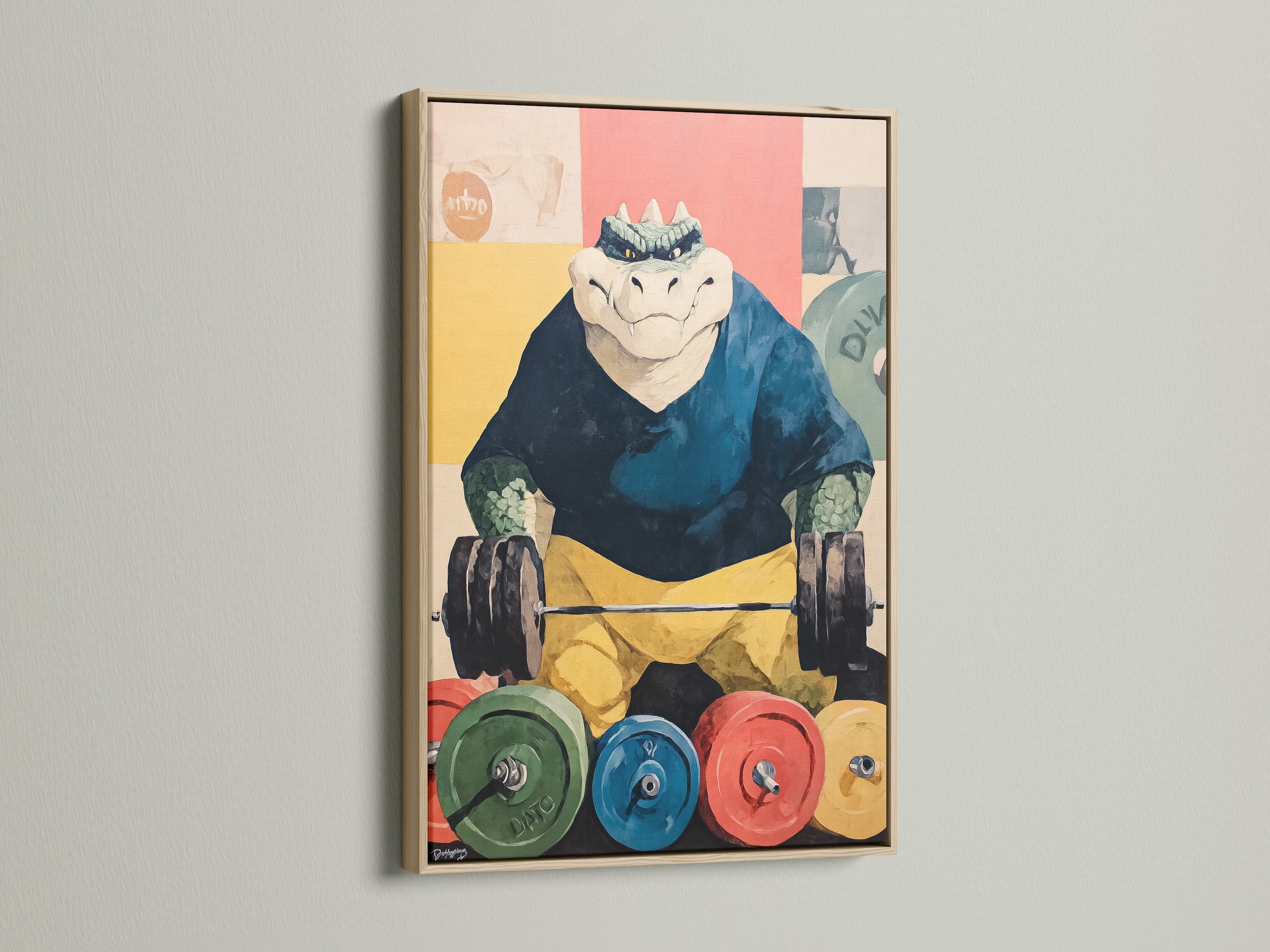 The Weightlifting Gator artwork is displayed in an oak frame. Perfect gym decor for fitness buffs. The reptile wall art adds humor to any workout room or studio. Great motivational artwork.