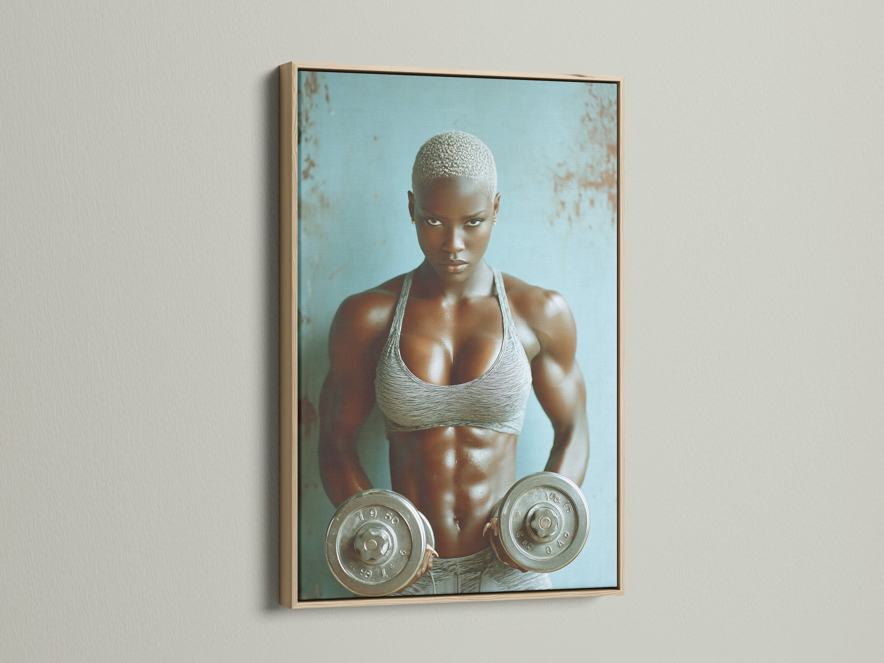 Strong woman art in an oak frame showcasing gym motivation. Weightlifting art for home gym decor or a workout room. This fitness canvas enhances any space. The artwork is contemporary in style with grey and blue colors.