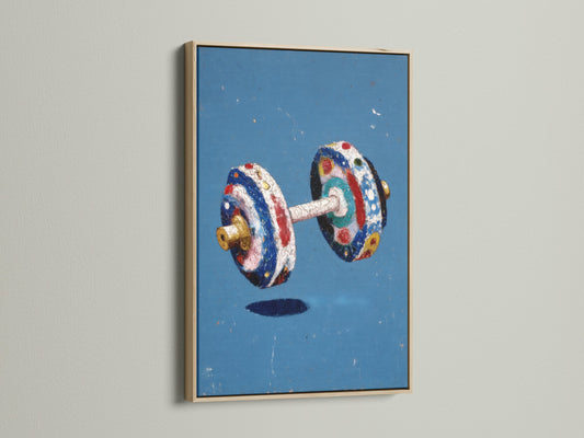 Vintage dumbbell art print in an oak frame. Colorful gym wall decor. Retro fitness canvas art for home gym and office space. A unique piece of sports wall art. The primary color is blue and the secondary color is white.