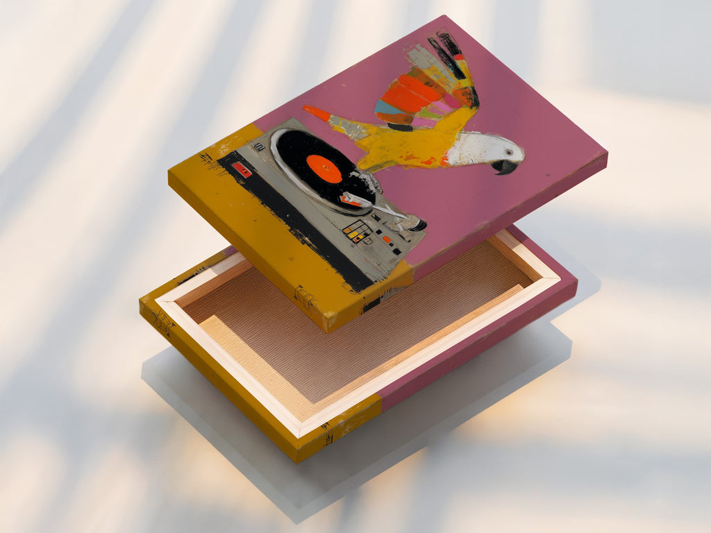 A stretched canvas print displays the Parrot DJ artwork. This piece features a bird on a vintage turntable. The canvas print adds a modern touch. Ideal for music studios or living rooms.