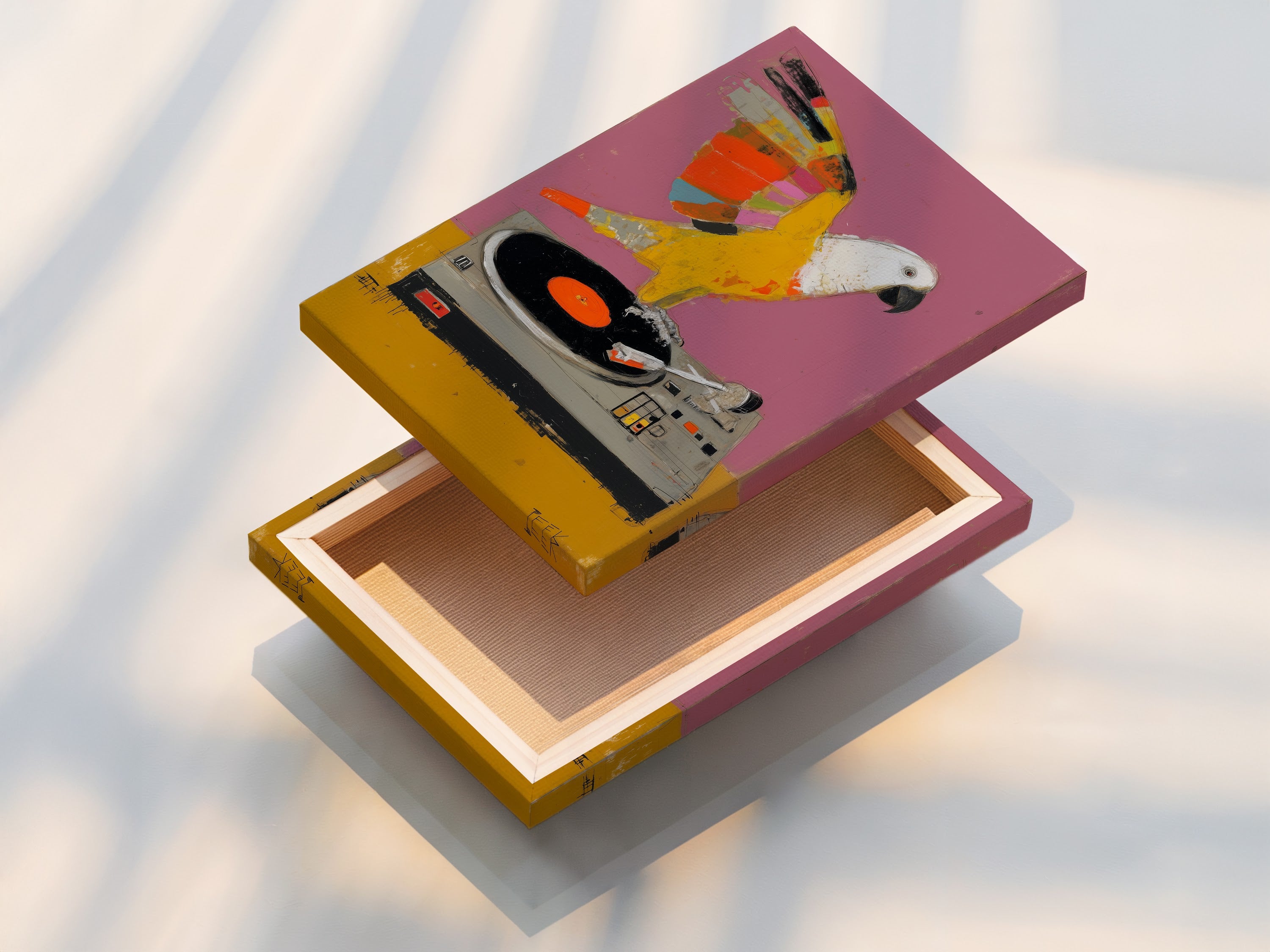 A stretched canvas print displays the Parrot DJ artwork. This piece features a bird on a vintage turntable. The canvas print adds a modern touch. Ideal for music studios or living rooms.