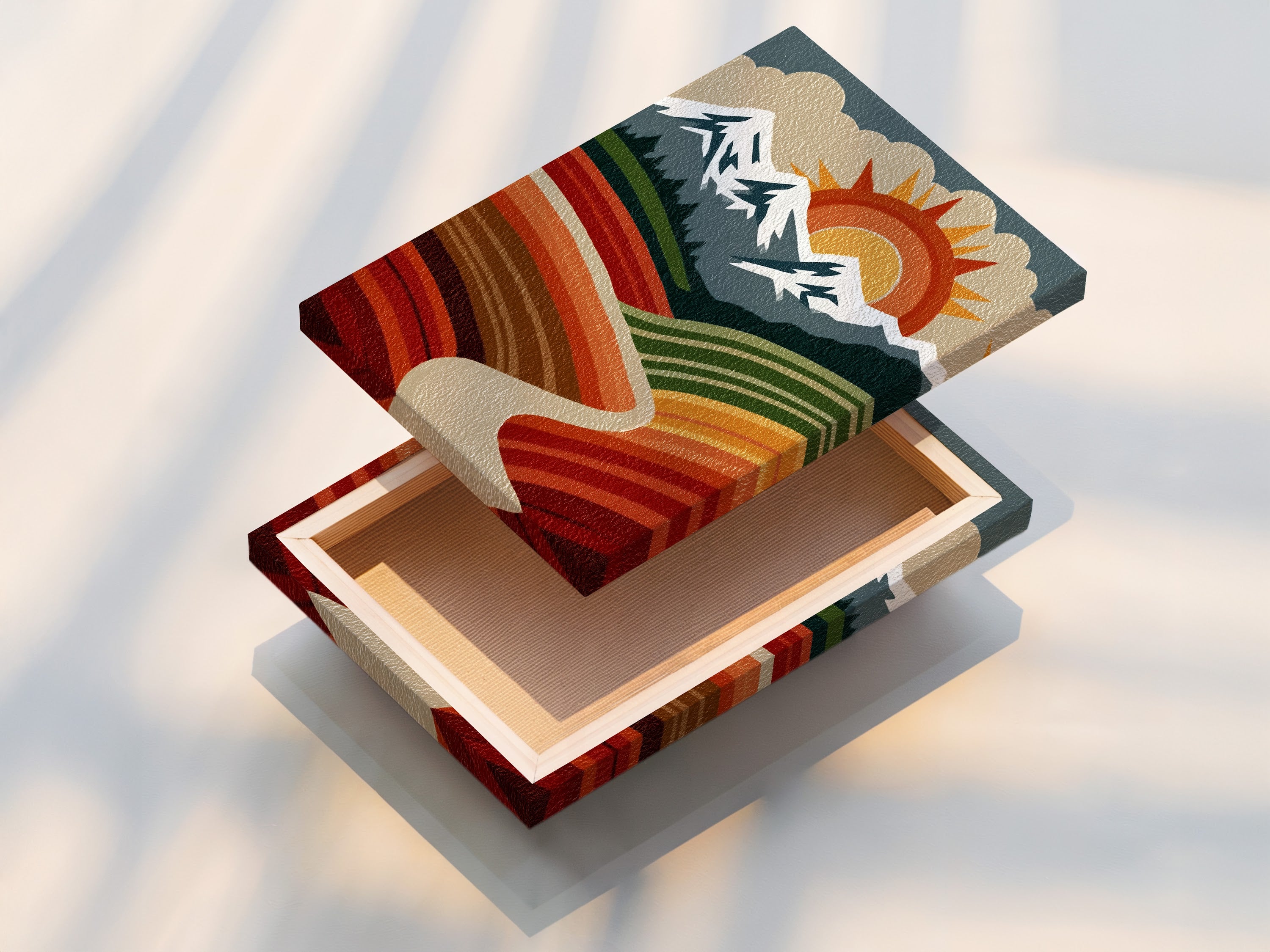 A stretched canvas print of a retro mountain landscape artwork. The artwork features a vintage sun mountains and valley. The stretched canvas provides a ready to hang gallery wrapped piece. Perfect for adding a touch of nature to your home.