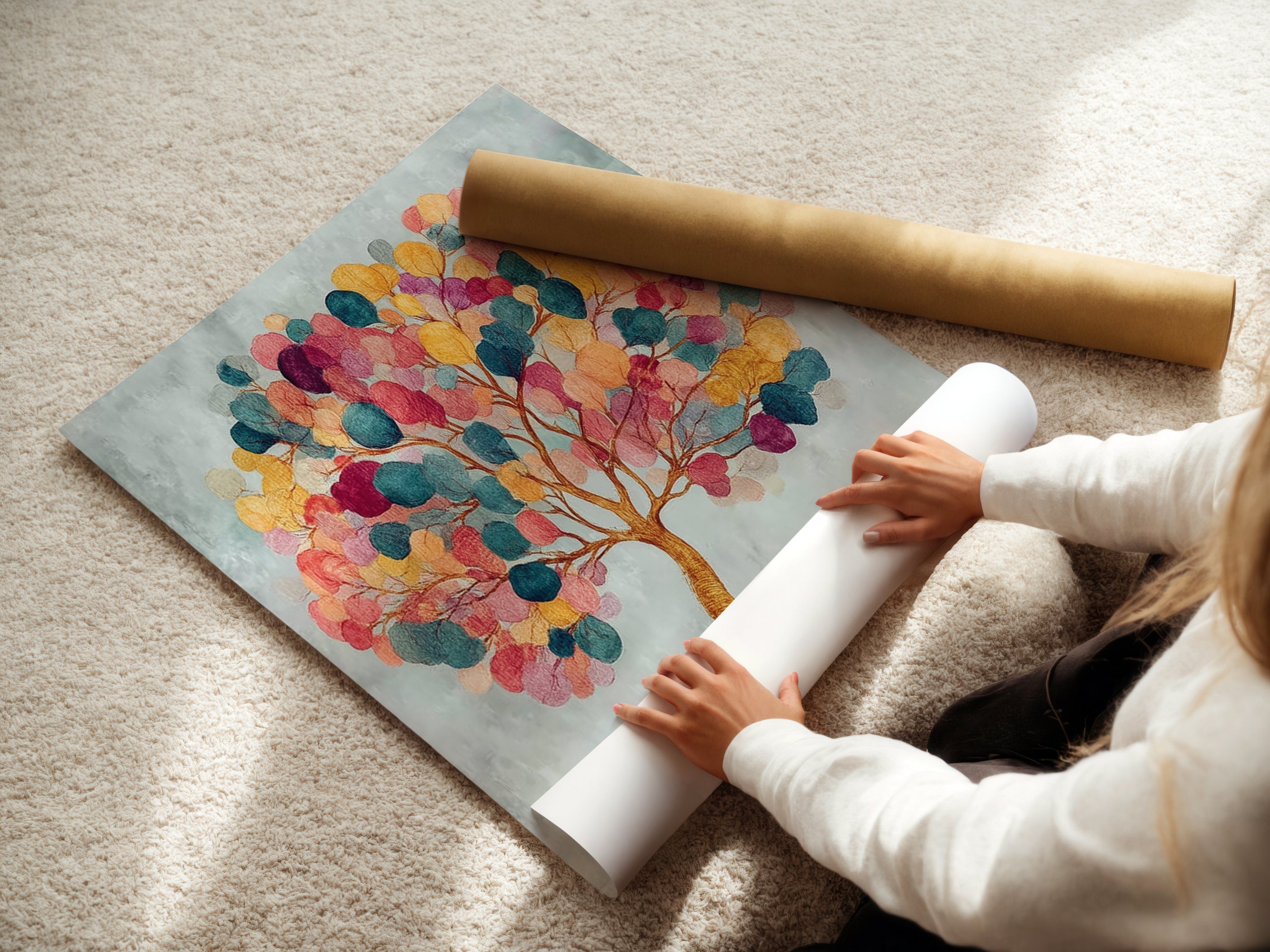 A woman is carefully unrolling a fine art poster paper. The paper is high-quality. The paper is perfect for vibrant art. The poster paper is ideal for detailed botanical prints. This ensures a stunning finished product.