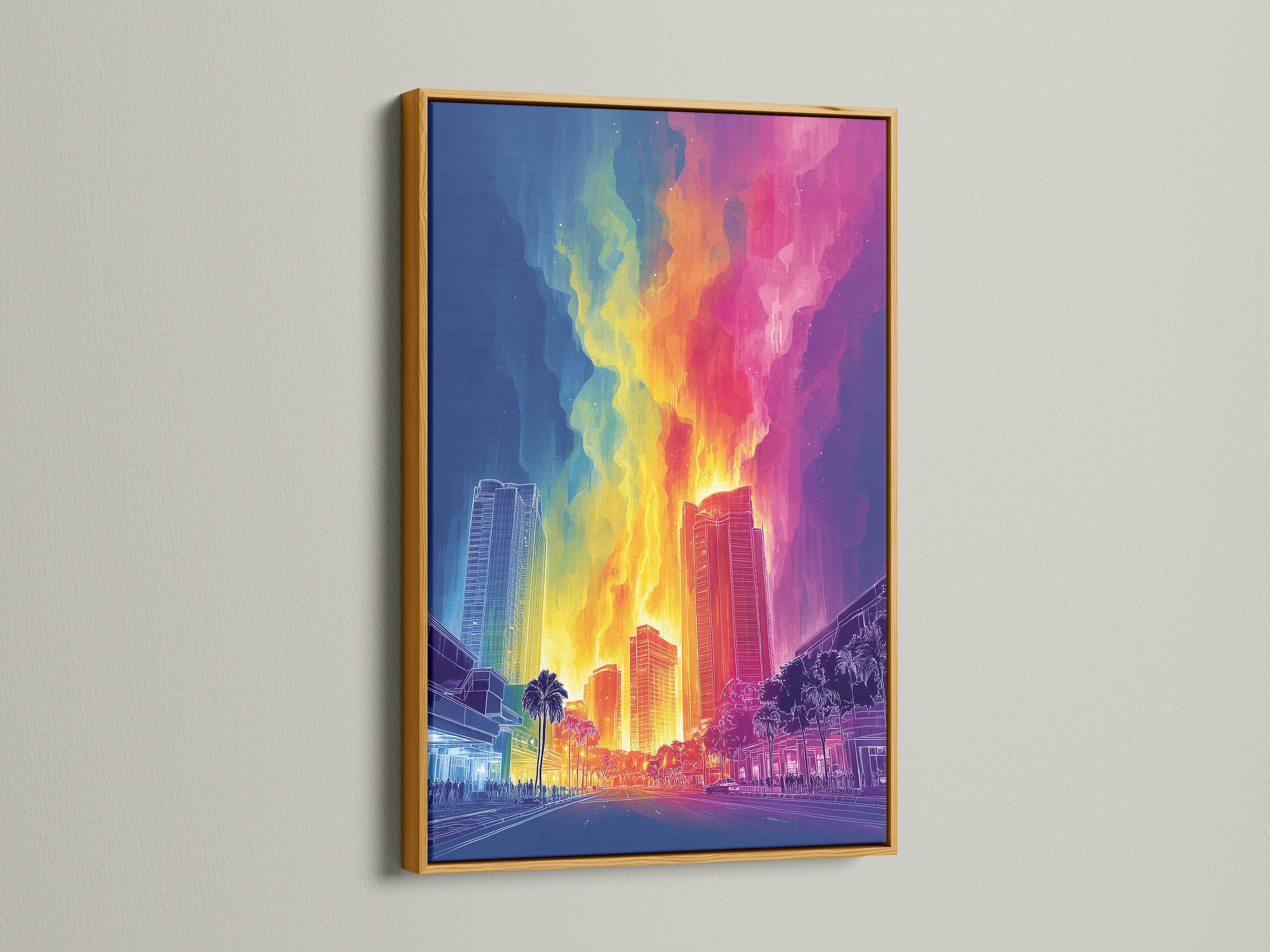 Neon Cityscape artwork with a gold frame. The artwork features an 80s aesthetic. The gold frame adds a luxurious touch. This vaporwave canvas is a stylish addition to any room. The gold frame complements the city skyline print. It will enhance office wall art.