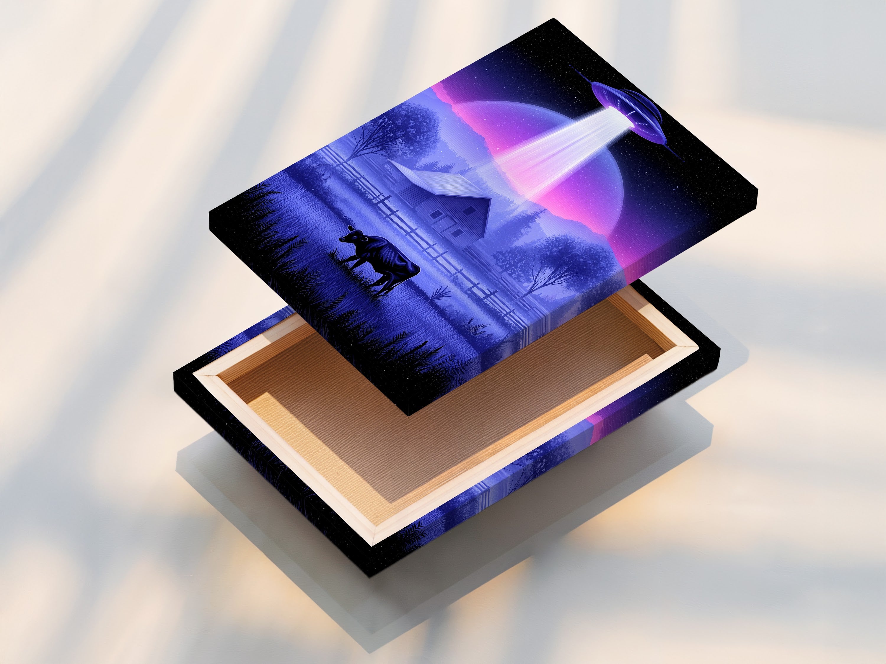 This image shows a stretched canvas print. It features the UFO Abduction artwork. The sci-fi landscape is beautifully displayed. This canvas print is perfect for adding a touch of the unexpected to your decor. It is great for living rooms offices or studios.