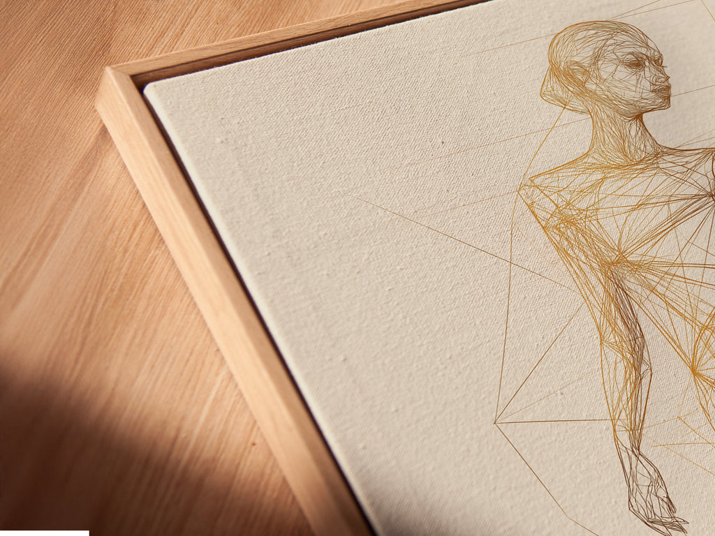 Angled close-up of a Ballet Dancer Art Print in a floating frame. This figure drawing looks stunning and modern. The minimalist art style enhances any room's decor. Perfect for studio wall decor or boutique art this piece adds sophistication.