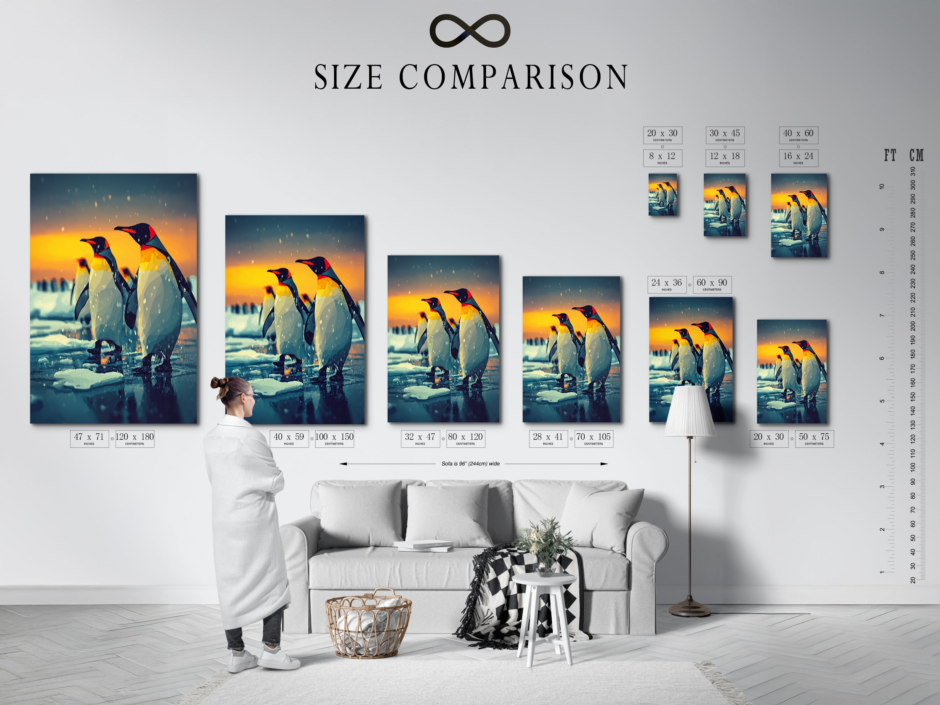 A size comparison chart in an interior setting. It showcases various sizes of penguin artwork. The chart helps you visualize the perfect fit for your space. Choose the ideal size for your wall decor.