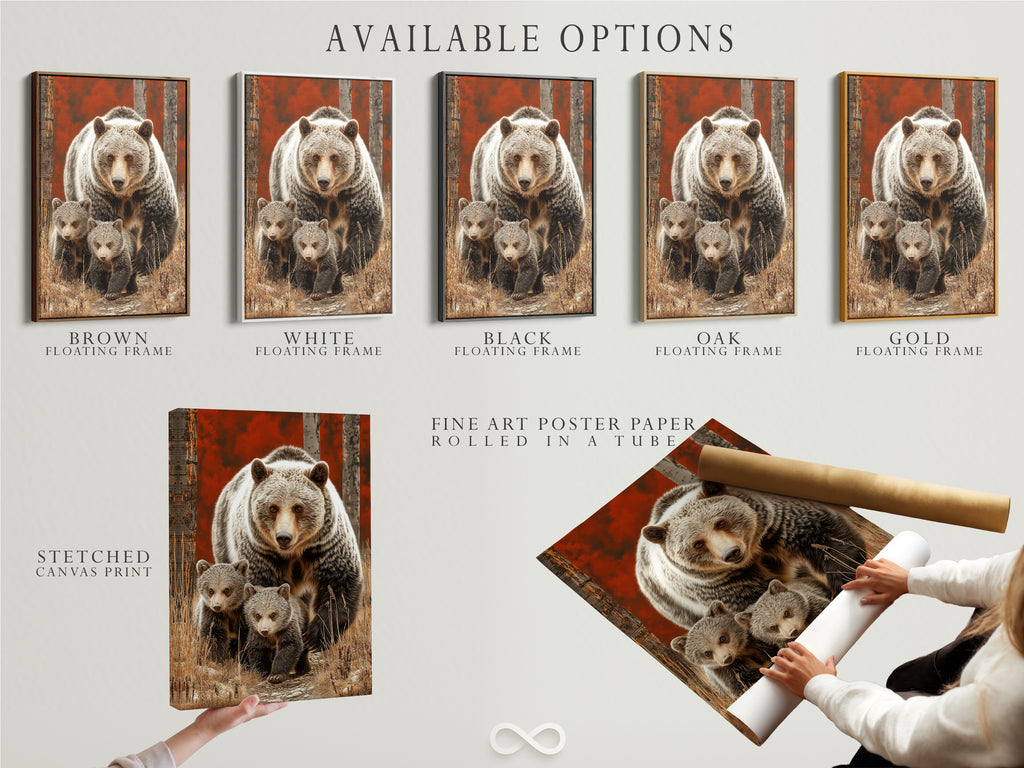 Available options for the Grizzly Bear artwork. Choose between a stretched canvas print fine art poster paper or a floating frame. Find the perfect style for your cabin art and animal wall decor. Personalize your nature prints.