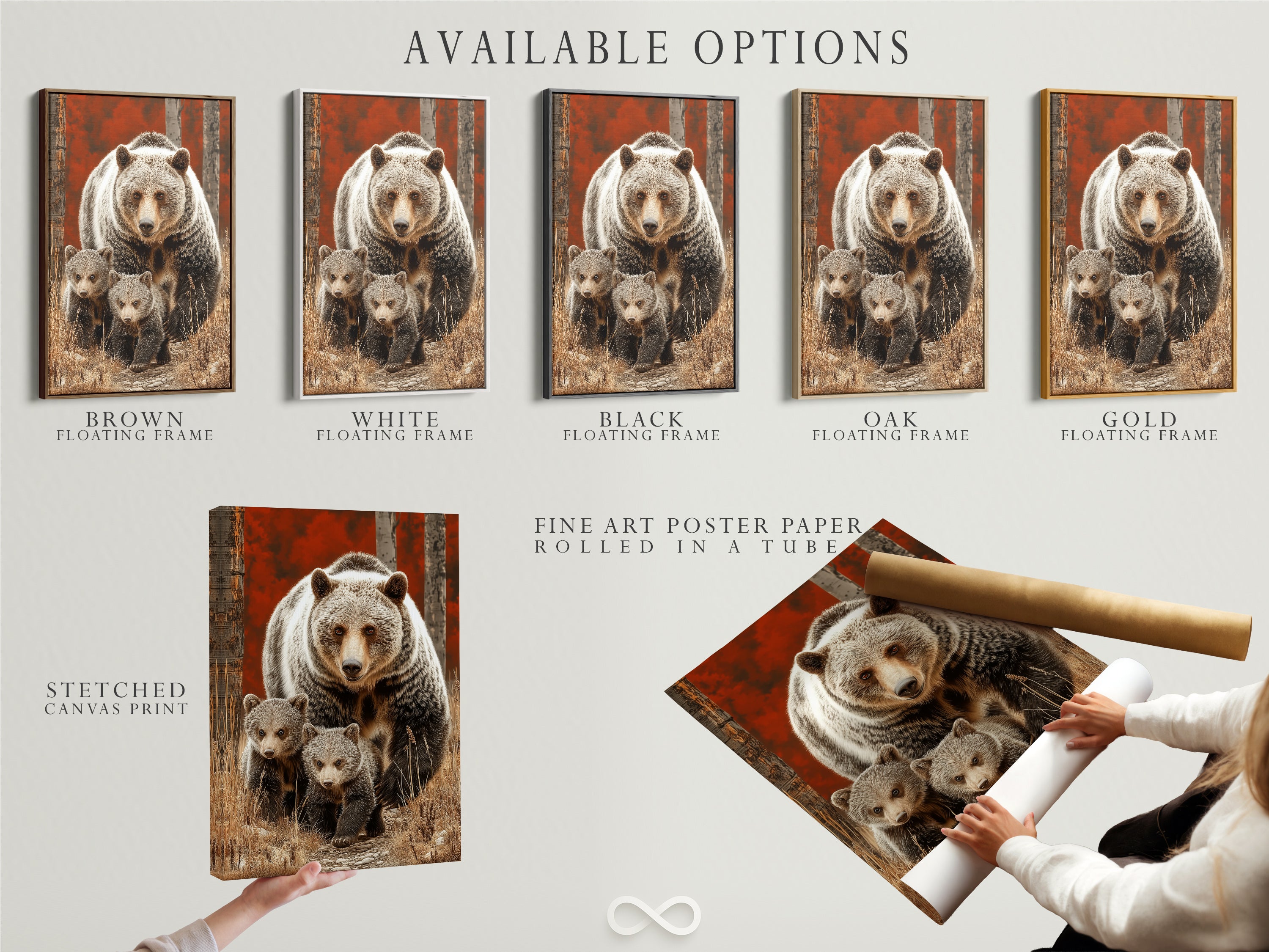 Available options for the Grizzly Bear artwork. Choose between a stretched canvas print fine art poster paper or a floating frame. Find the perfect style for your cabin art and animal wall decor. Personalize your nature prints.