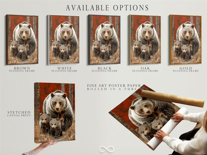 Available options for the Grizzly Bear artwork. Choose between a stretched canvas print fine art poster paper or a floating frame. Find the perfect style for your cabin art and animal wall decor. Personalize your nature prints.