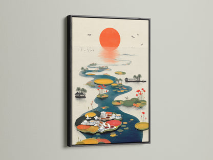 Asian Tea Ceremony print in a black frame. This oriental artwork showcases a serene lotus pond. The black frame adds a touch of sophistication to this tranquil piece. Perfect for adding an elegant touch to dining rooms or lobbies. This canvas print brings a sense of calm to any interior.
